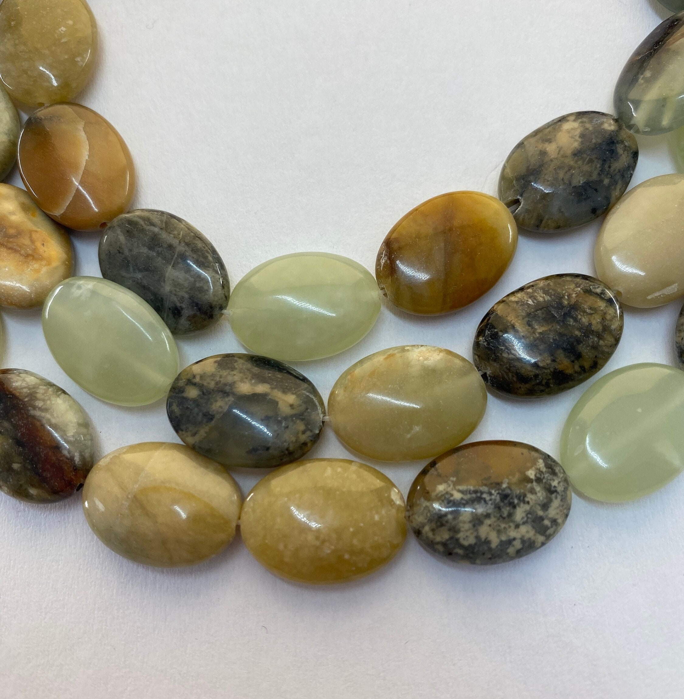 13x18mm Oval New Jade Gemstone Beads. 15” Strand Of Mixed Brown And Green Oval Beads, 22 Per Strand. Rainbow Serpentine. Flower Jade.
