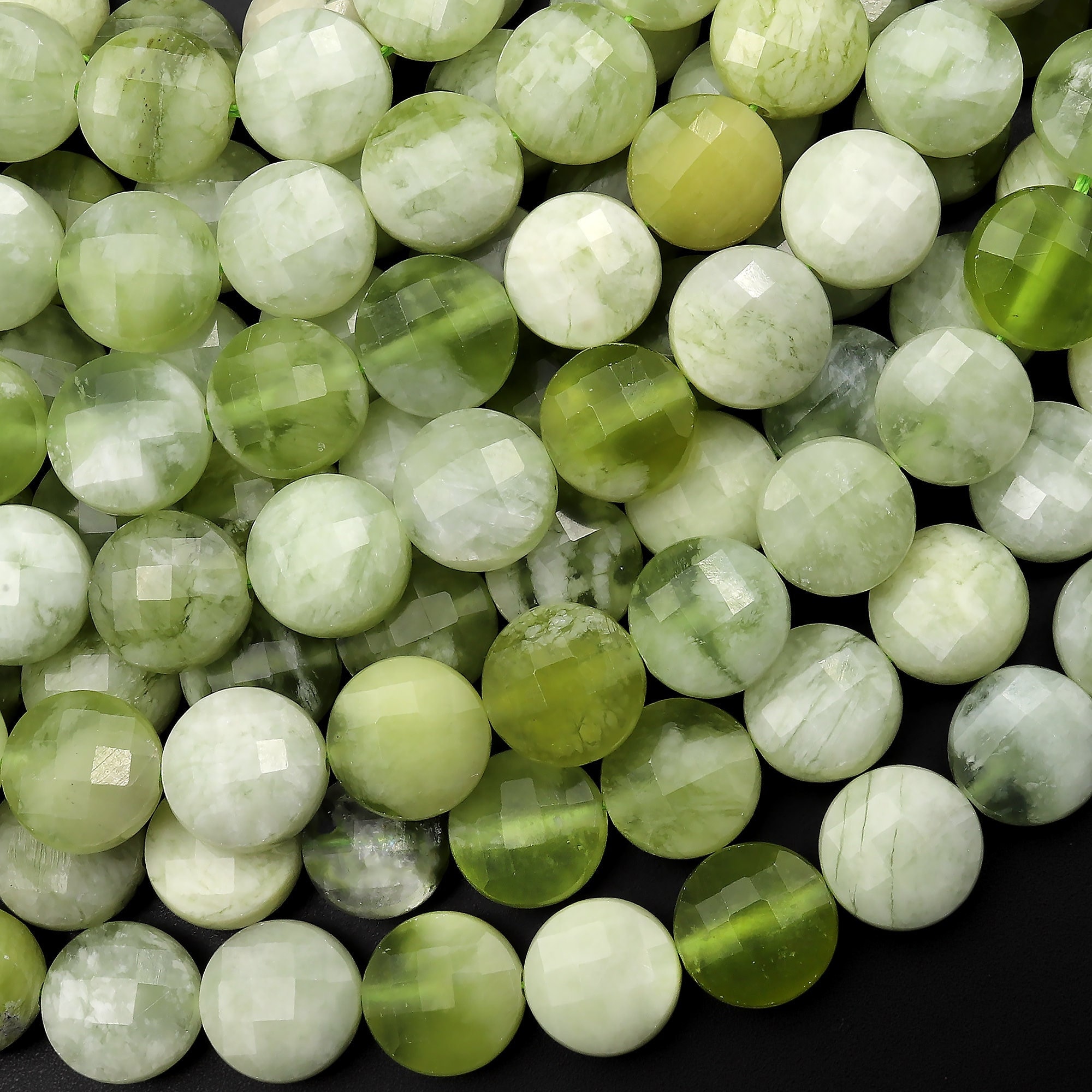 Faceted Natural Green Serpentine Jade Coin Beads 6mm 8mm 10mm 15.5" Strand