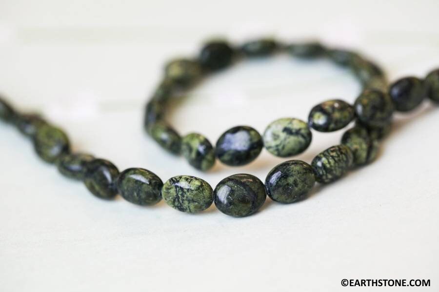 M/ Russian Serpentine 8x10mm Flat Oval Beads 16" Strand Natural Green/black Gemstone Beads Shade Varies For Jewelry Making