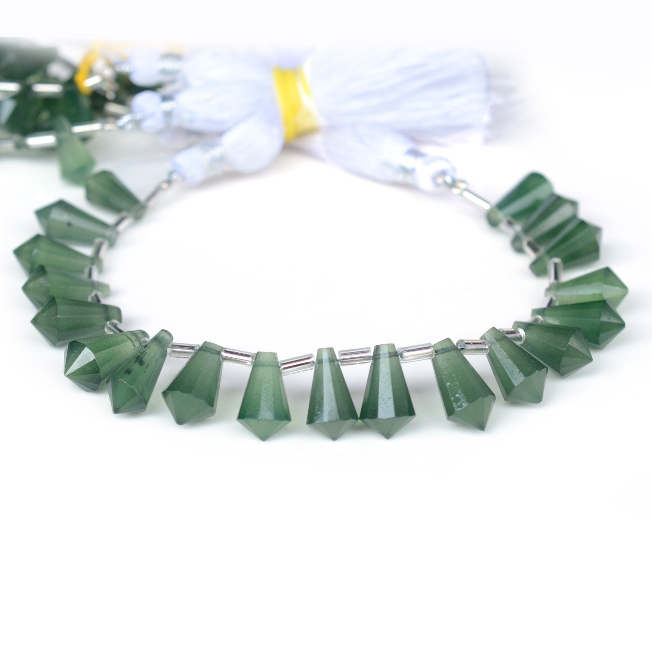 Natural Green Serpentine Fancy Cone Shaped Hand Carved Faceted Gemstone Briolette Beads, 10mm To 14mm Beads, 5.5 Inch Strand, Gds2078