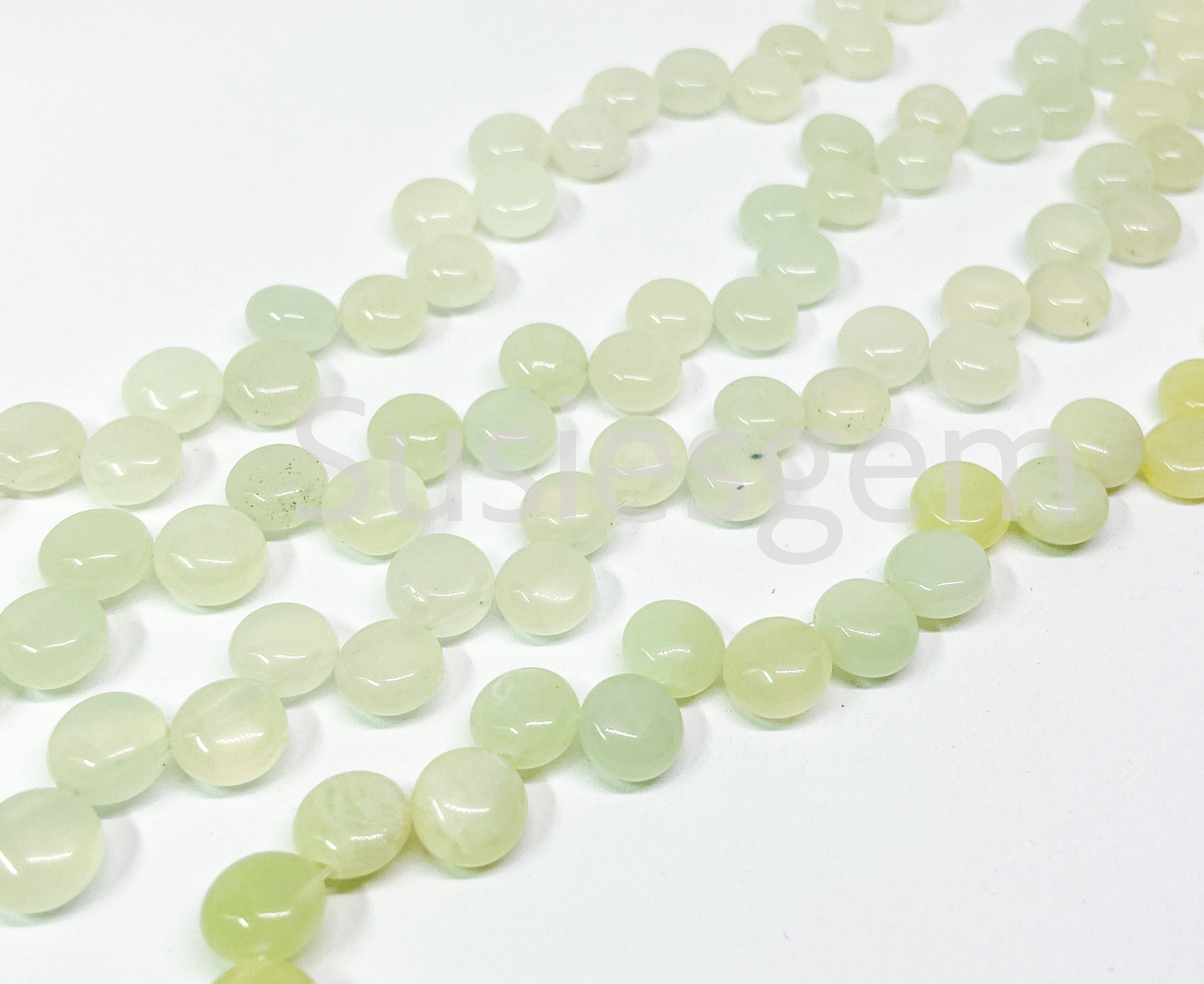 New Jade Top Drilled Coin Beads 8mm. Light Green Serpentine Spacer Beads. Natural Gemstone 15.5''