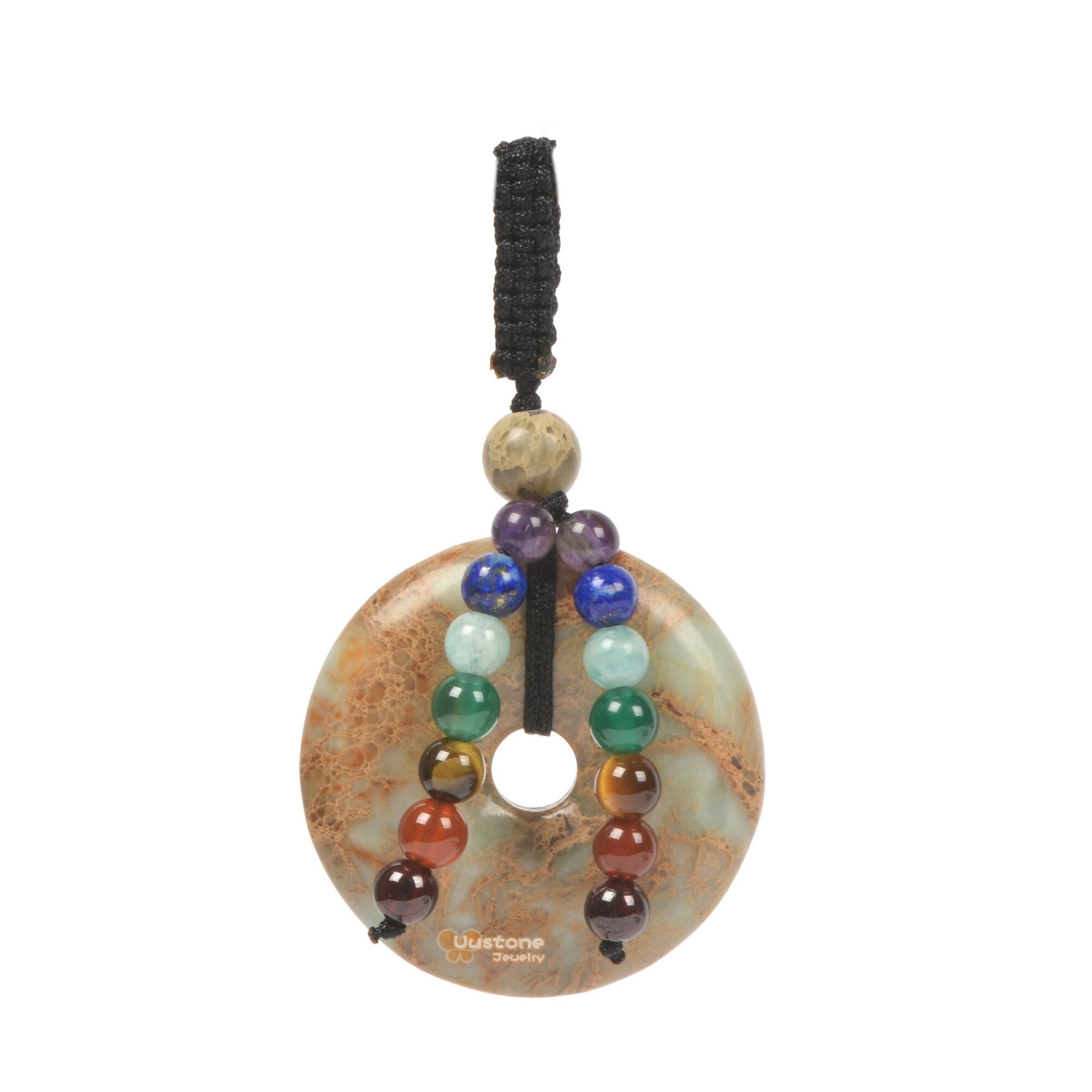 30mm Natural Serpentine Donut Beads Peace Buckle 7 Chakra Gemstone Micro Macrame Hand-woven Pendant