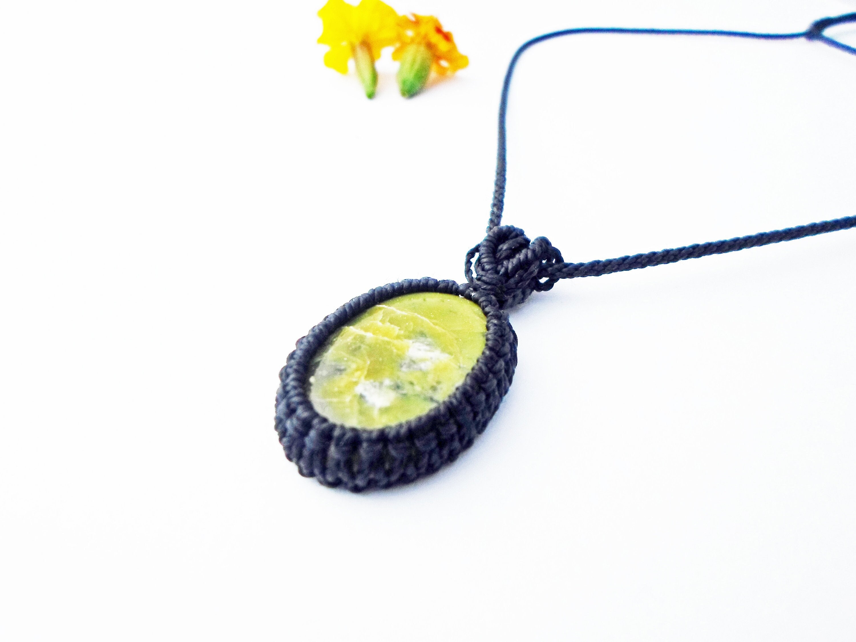 Serpentine Cabochon Necklace: Micro Macrame Pendant, Adjustable Cord