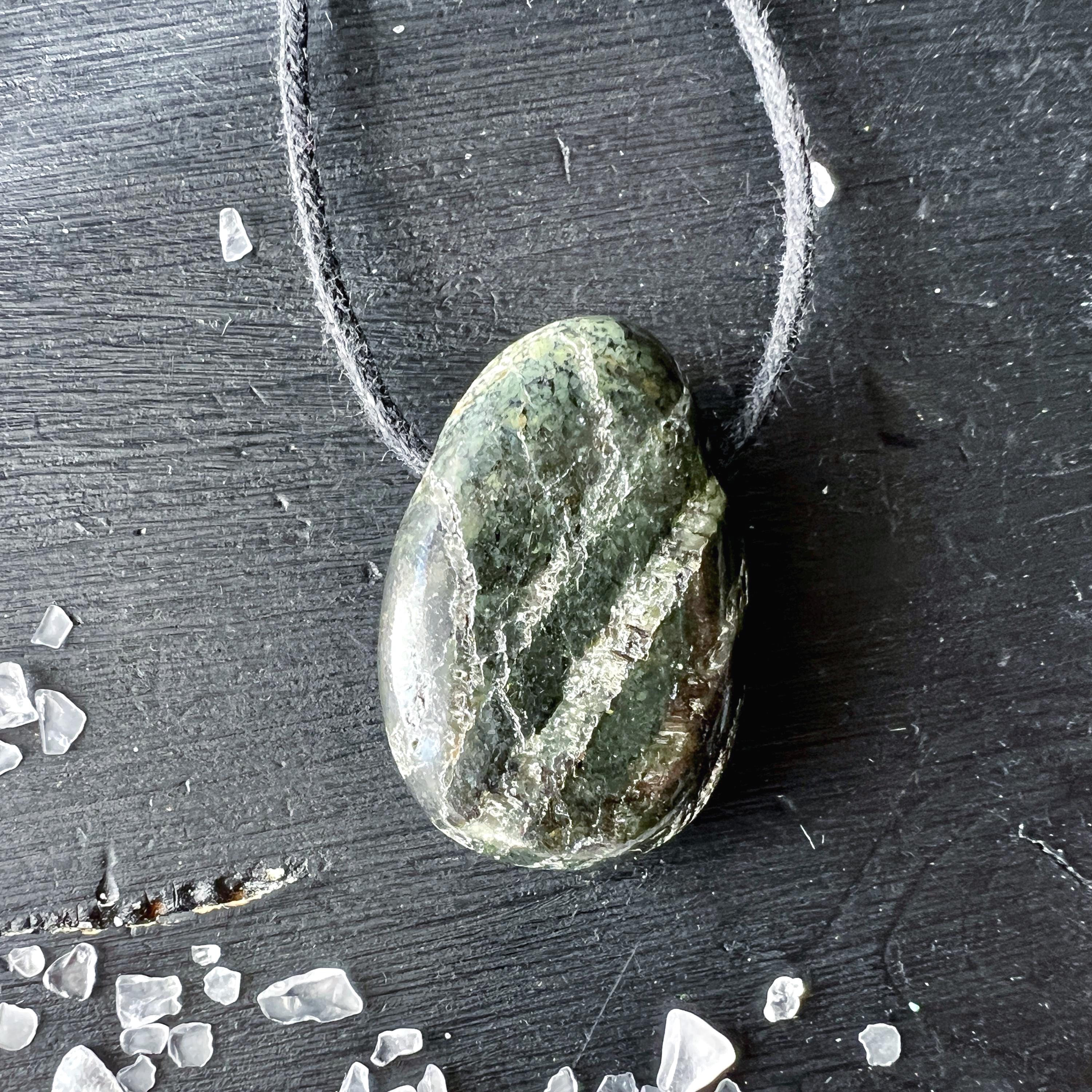 Serpentine Pendant, Drilled Green Silver Eye, Chrysotile With Cord Or Silver Necklace
