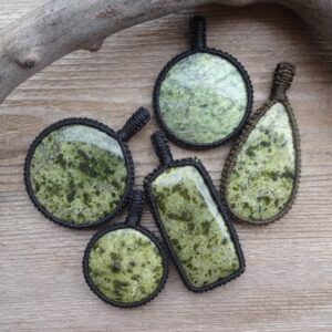 Green Serpentine Pendant Necklace, Calming Healing Stones, Gemstone Pendants, Protection Macrame Pendant, Big Stone Pendant Green Serpentine Pendant Necklace, Calming Healing Stones, Gemstone Pendants, Protection Macrame Pendant, Big Stone Pendant