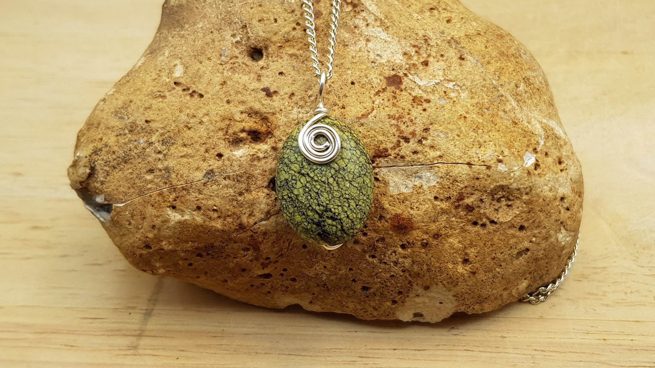Green Serpentine Pendant. 'serpent Rock'. Reiki Jewelry Uk. Silver Plated Wire Wrapped Pendant. 20x15mm Stone