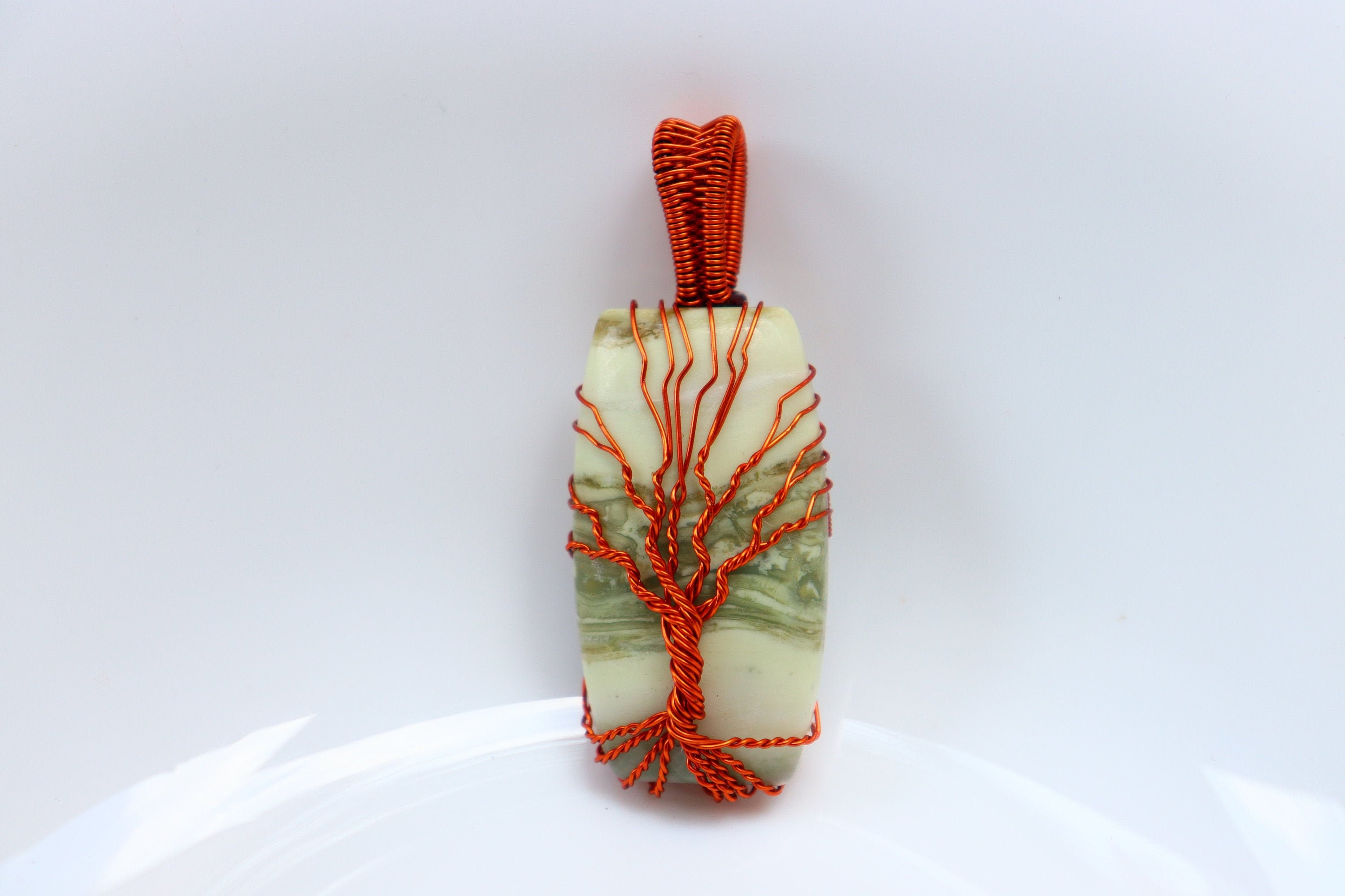 Green Serpentine Wire Wrapped Pendant, Copper Pendant, Natural Banded Green Serpentine Pendant, Green Serpentine Pendant Healing Crystal.