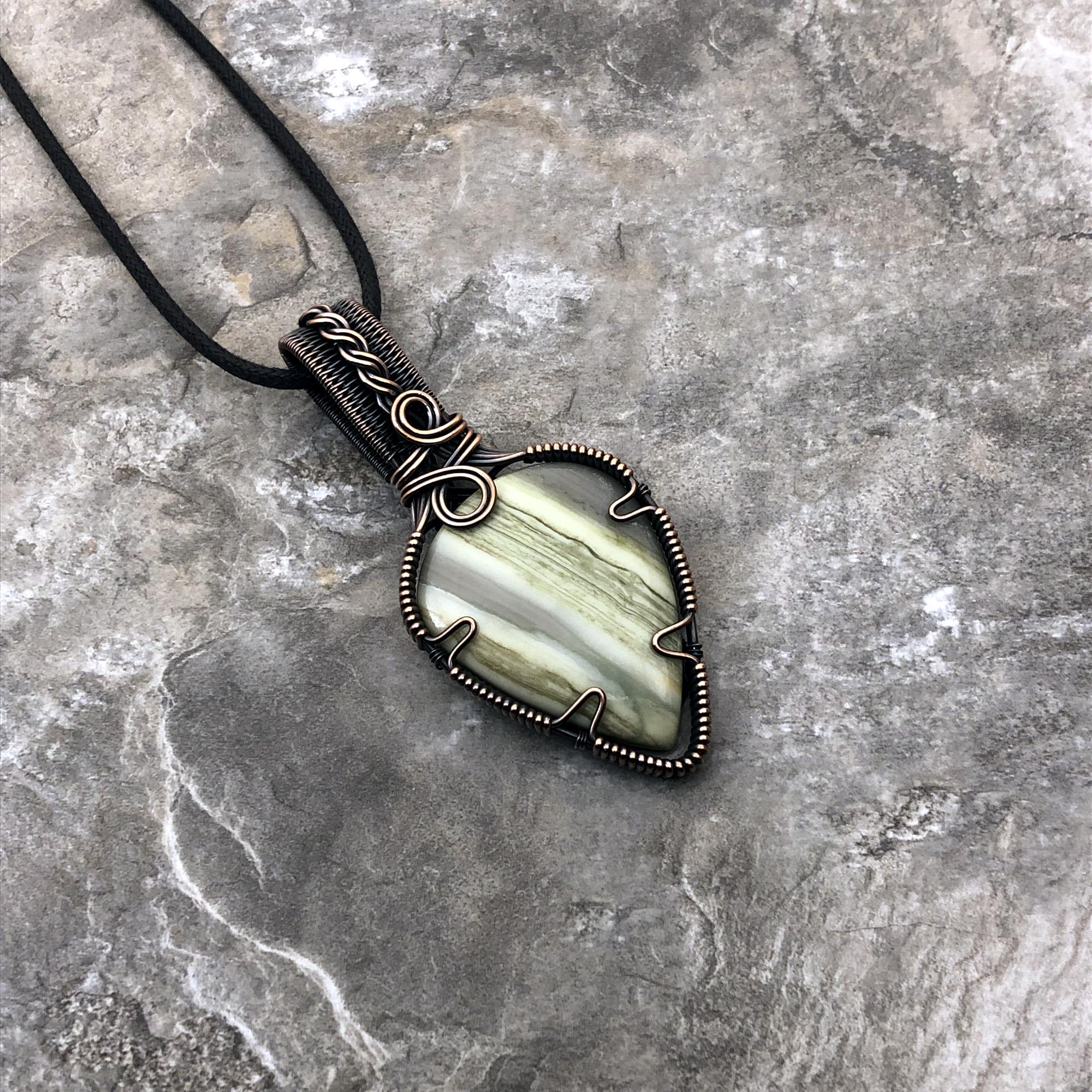 Handmade Serpentine Pendant: Copper Wire Wrapped Jewelry - Made In The Usa 0174