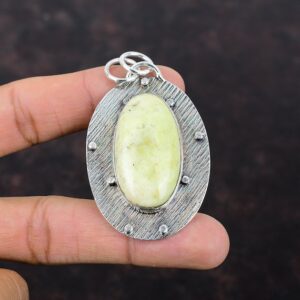 Handmade Serpentine Gemstone Pendant: 925 Sterling Silver, Oval Stone Handmade Serpentine Gemstone Pendant: 925 Sterling Silver, Oval Stone