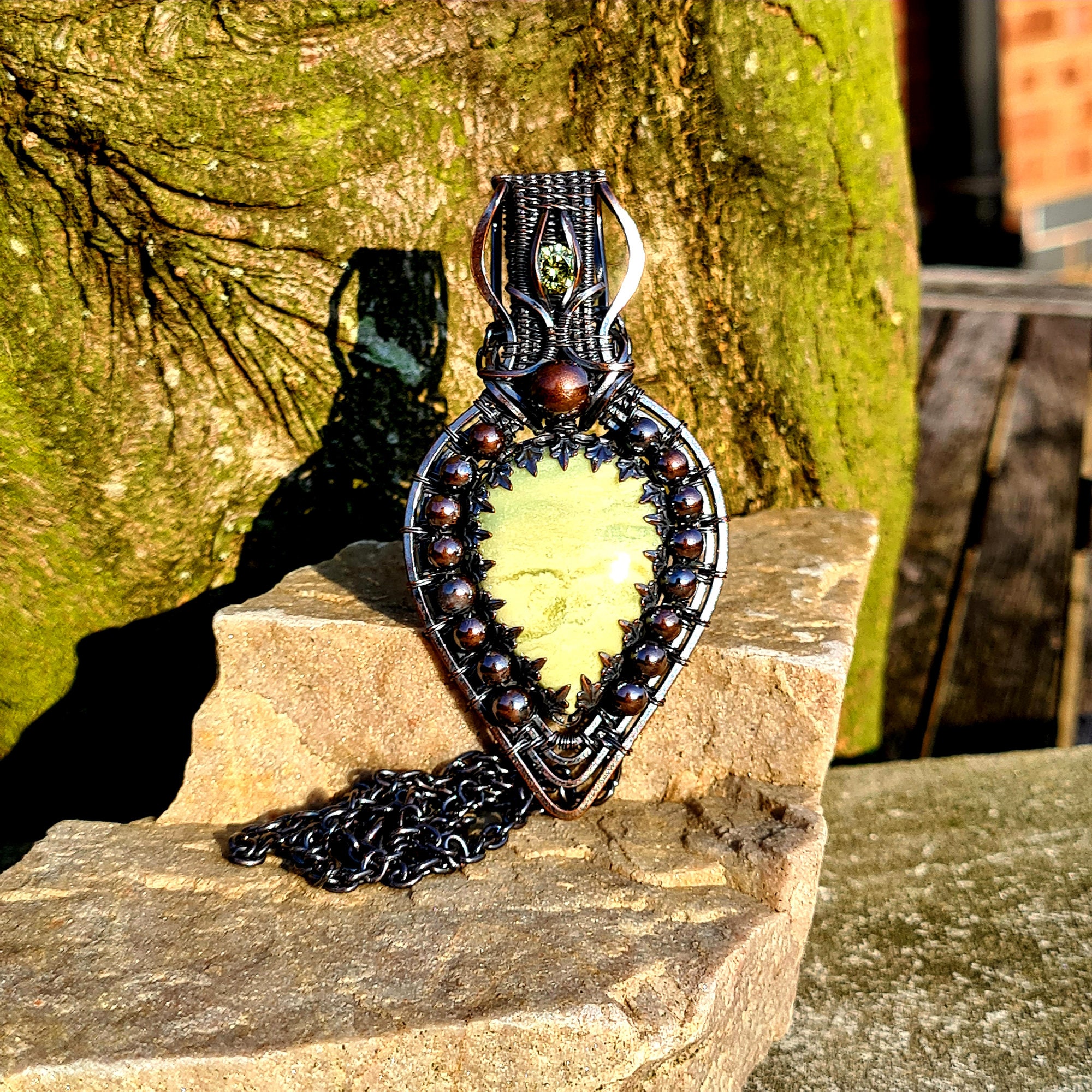 Handmade Serpentine Teardrop Pendant • Antiqued Copper Wire Wrapped Jewelry