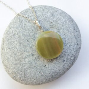 Sterling Silver Serpentine Pendant, Round Green Gemstone Sterling Silver Serpentine Pendant, Round Green Gemstone