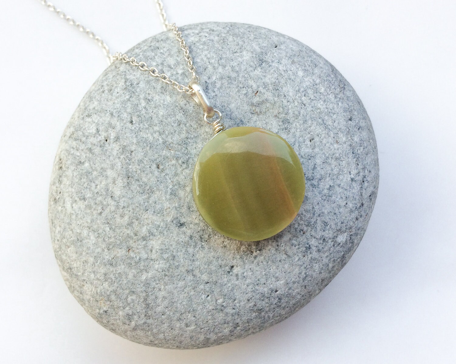Sterling Silver Serpentine Pendant, Round Green Gemstone
