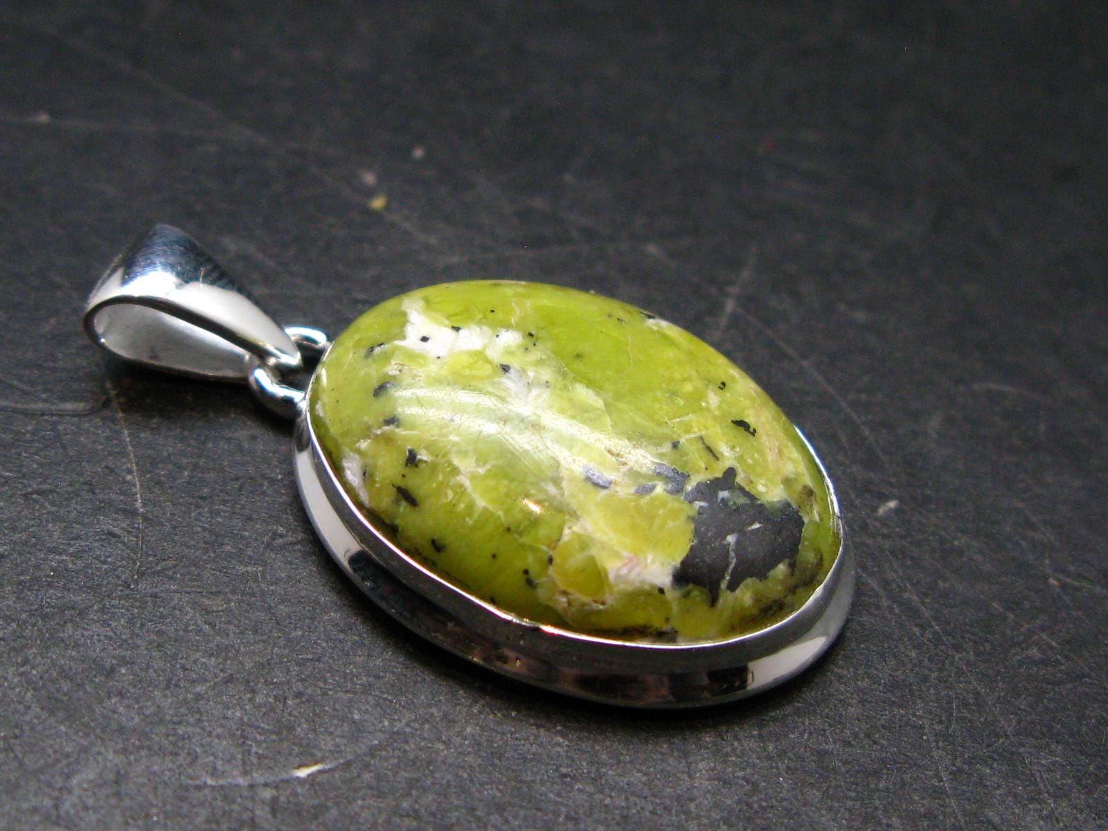 Unique Lizardite Serpentine Silver Plated Pendant From Norway - 1.4" - 5.69 Grams