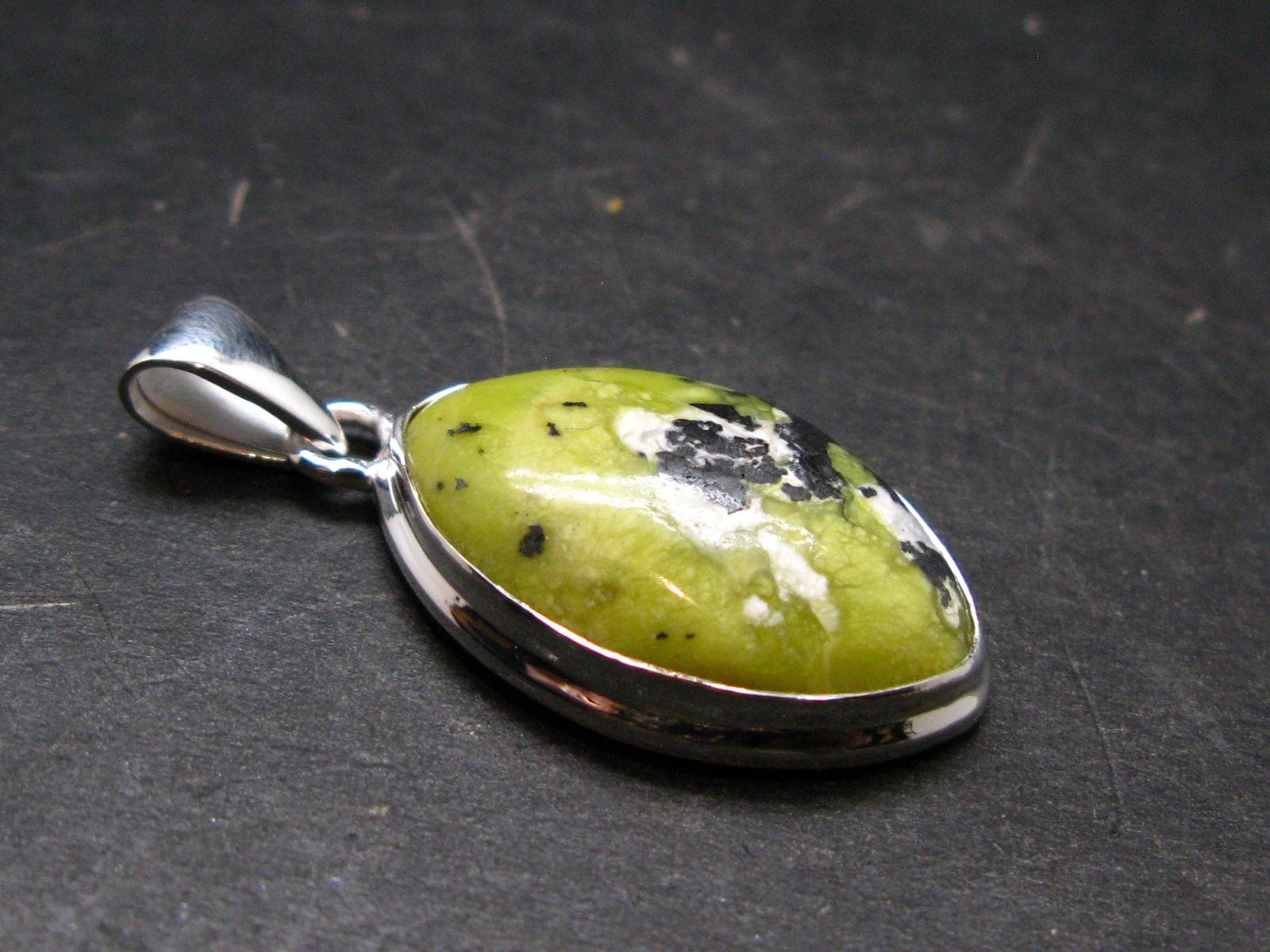 Unique Lizardite Serpentine Silver Plated Pendant From Norway - 1.4" - 5.11 Grams