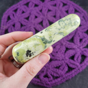 Serpentine with Pyrite Massage Wand Polished Carving Green and Gold Crystals Magick Stones Moonchild Starseed carved Peru