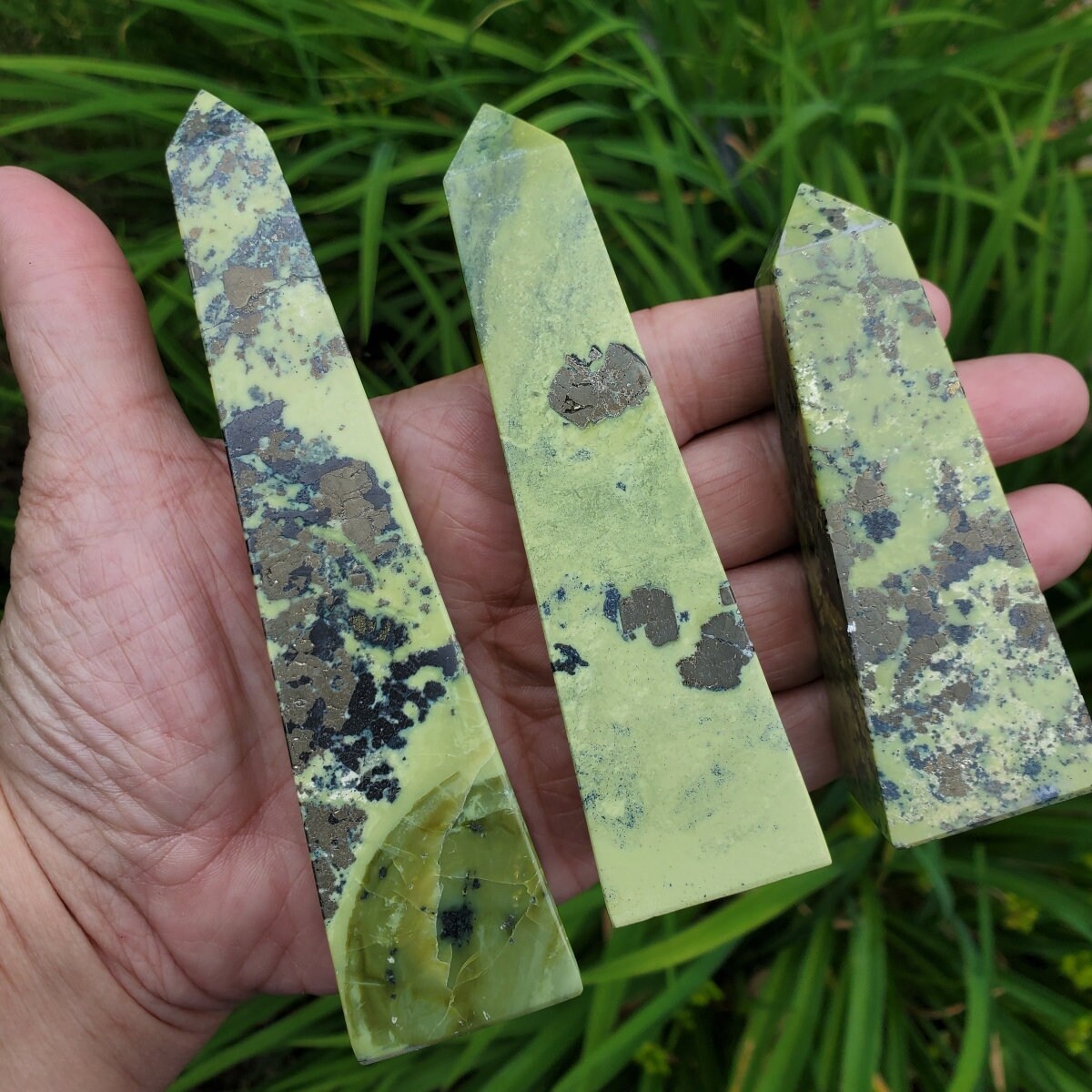 Serpentine With Pyrite Towers, Obelisks, Serpentine Crystal Stone Towers For Manifesting, Serpentine With Pyrite Points Serpentine With Pyrite Towers, Obelisks, Serpentine Crystal Stone Towers For Manifesting, Serpentine With Pyrite Points