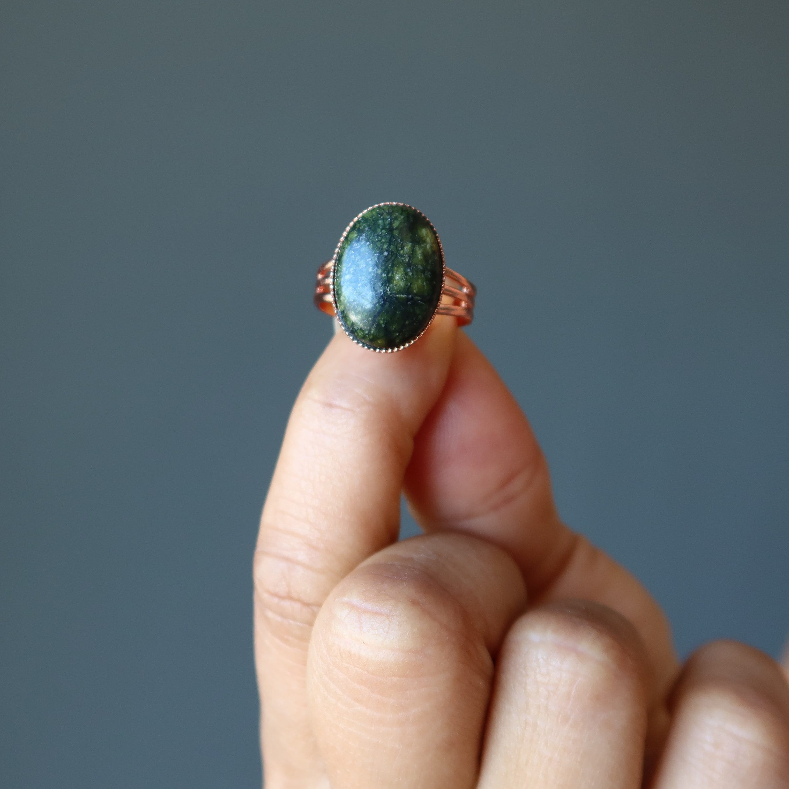 Serpentine Ring Adjustable Copper Green Oval Stone