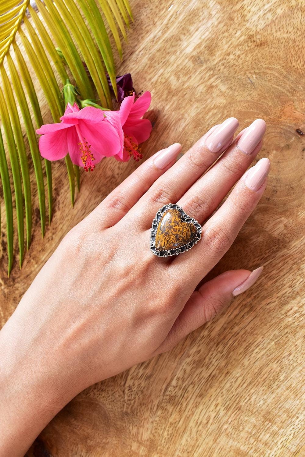 Handmade Serpentine & Sterling Silver Adjustable Heart Ring Handmade Serpentine & Sterling Silver Adjustable Heart Ring