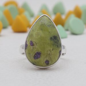 Tasmanian Serpentine Ring, 925 Sterling Silver Green & Purple Gemstone Statement Ring, Natural Healing Crystal Jewelry, Gift For Her Tasmanian Serpentine Ring, 925 Sterling Silver Green & Purple Gemstone Statement Ring, Natural Healing Crystal Jewelry, Gift For Her