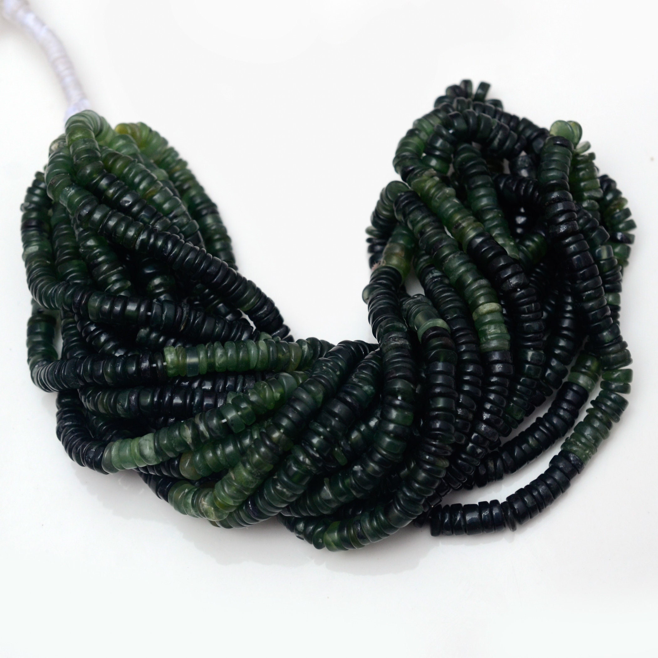 Natural Serpentine Smooth Tyre Rondelle Beads, 6.5mm To 7mm Serpentine Shaded Green Round Heishi Gemstone Beads, 16 Inch Strand, Gds2126