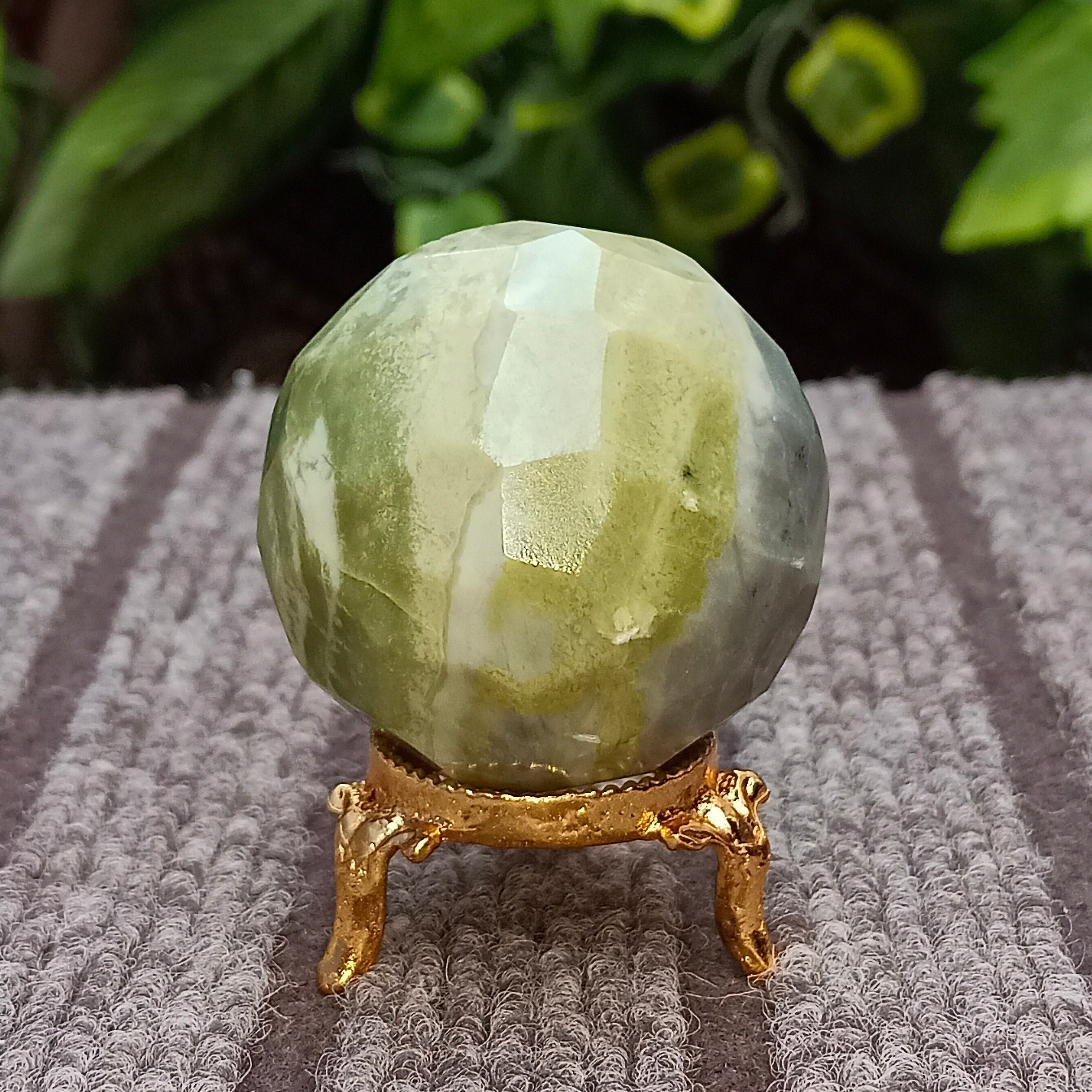 Faceted 48mm Green Serpentine Sphere: Healing Crystal, Meditation Stone