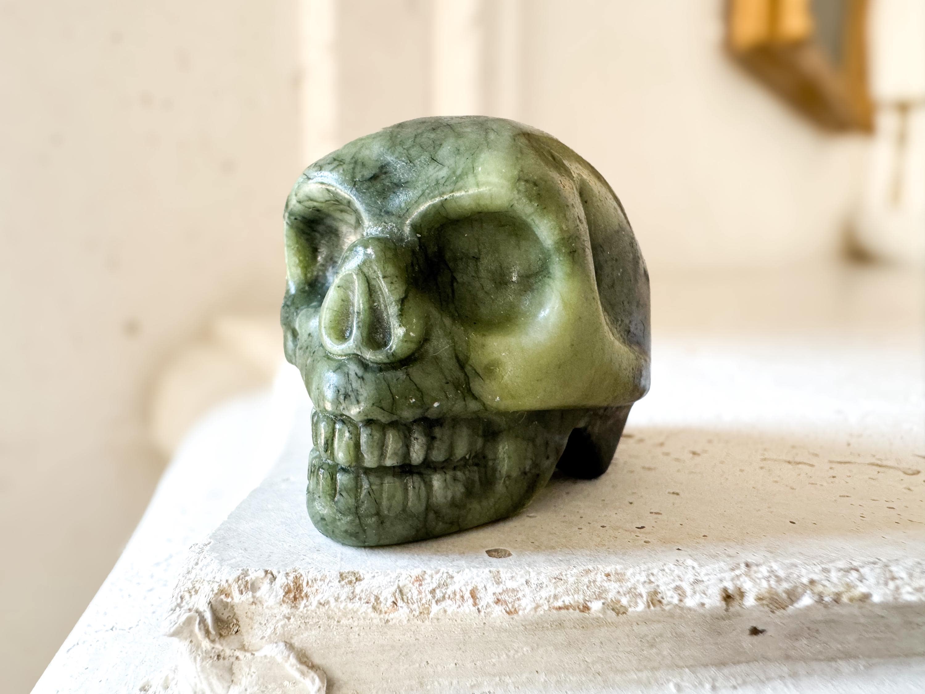 Green Serpentine Skull Carving | 2 Inch Crystal For Healing, Kundalini & Protection