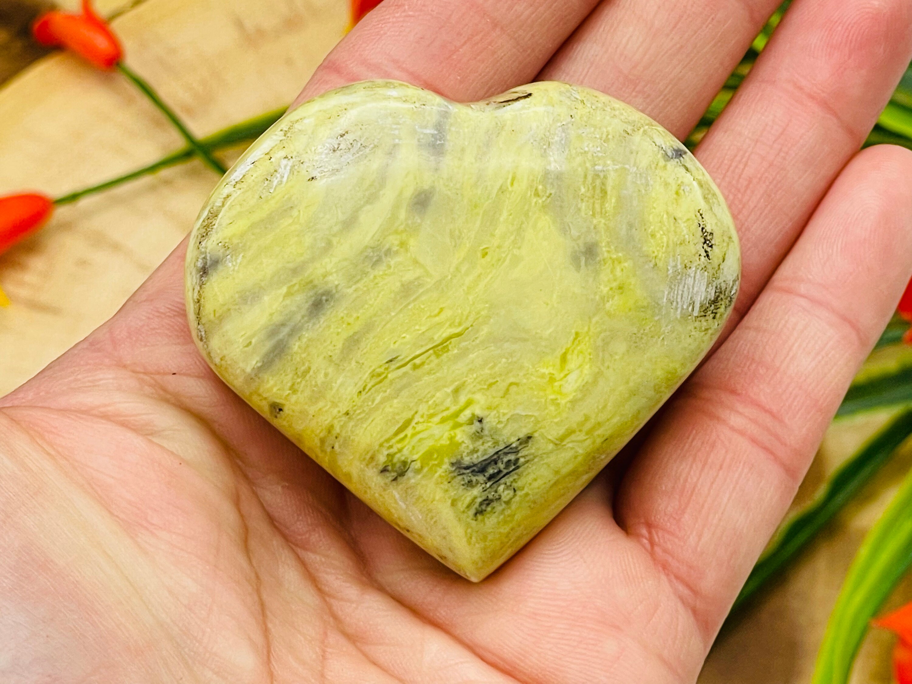 Serpentine Heart Shaped Palm Stone, Polished Crystal Pocket Stone, Crown Chakra Healing Gemstone