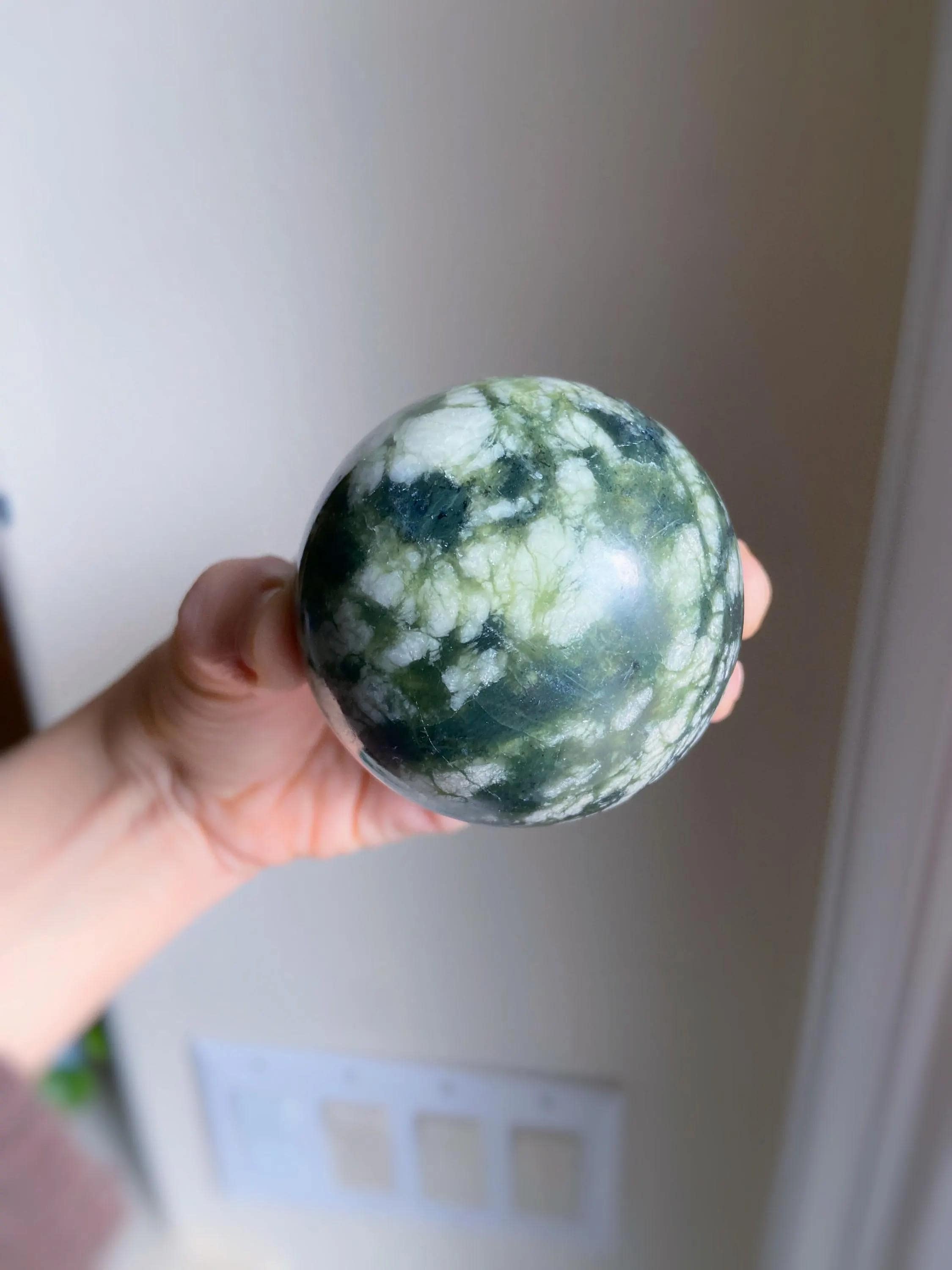 Serpentine Jade Sphere, Heart Chakra Healing Crystal Ball, Exact One, 2.25" Serpentine Jade Sphere, Heart Chakra Healing Crystal Ball, Exact One, 2.25"
