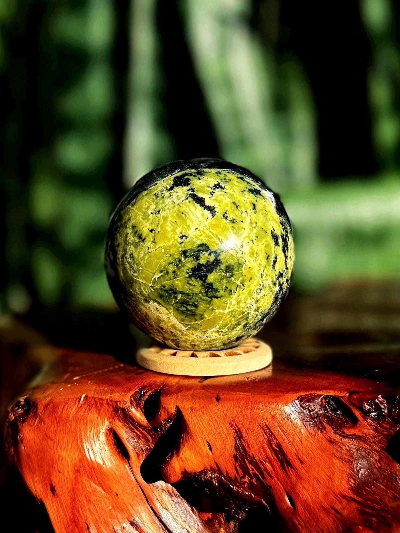 Peruvian Serpentine Sphere W/ Stand - For Vitality, Spiritual Exploration & Meditation - Kundalini Crystal - Serpentine Crystal