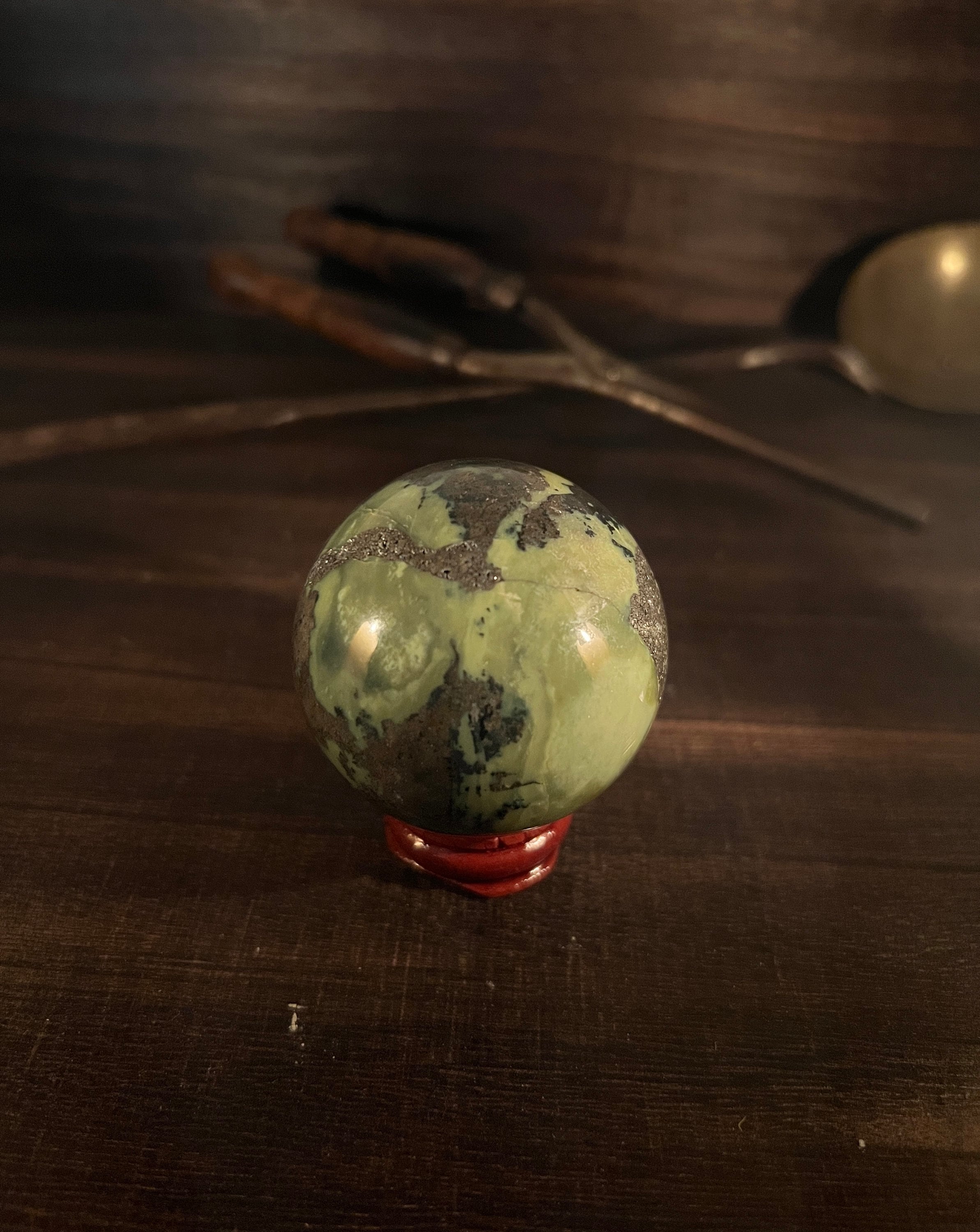 Polished Serpentine Sphere: New Jade Crystal, Root & Heart Chakra