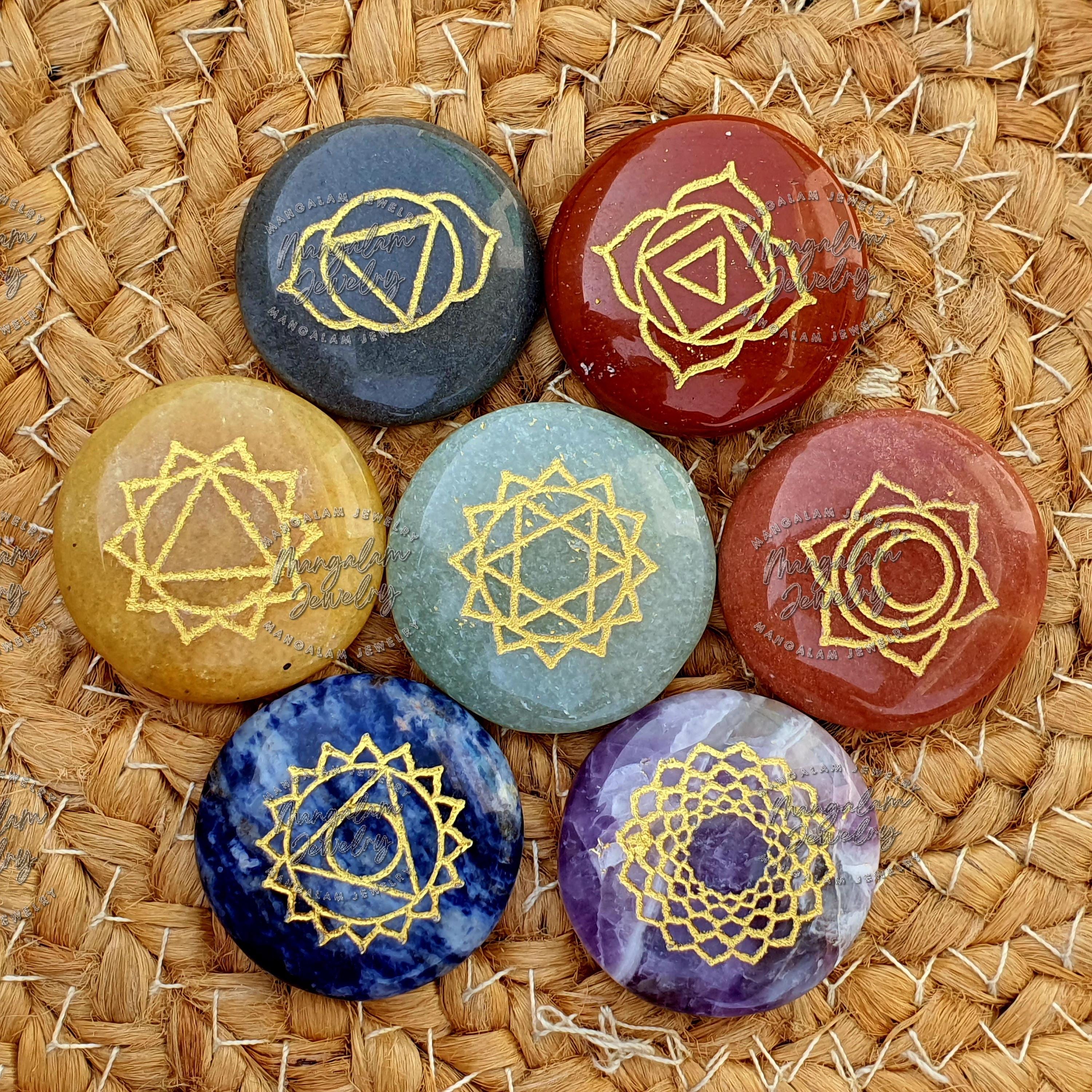 Seven 7 Chakra Stones Set , Rainbow Chakra Engraved Stone Disc Set, Chakras Set, Healing Chakra Stones, Chakra Crystal Set