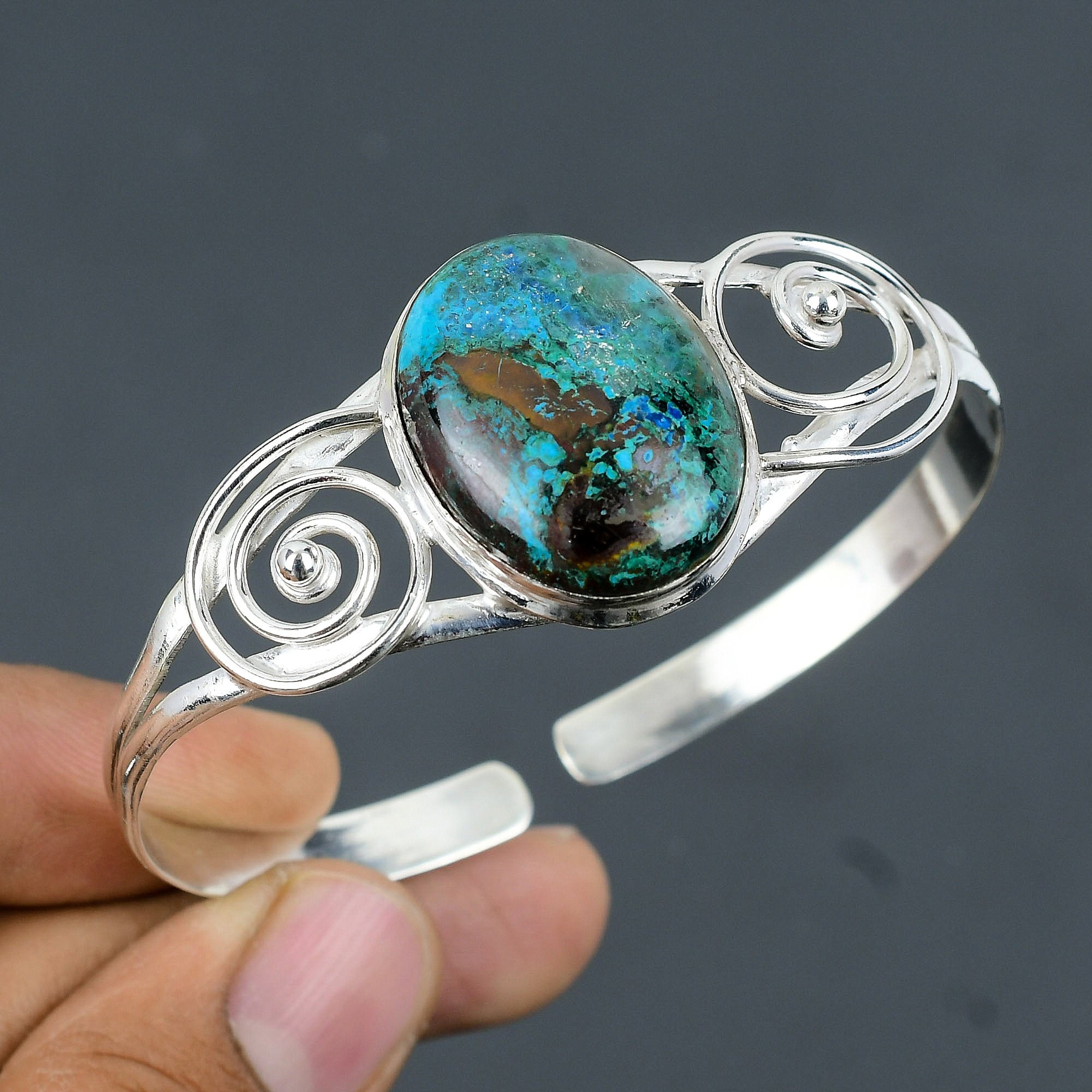 Boulder Shattuckite Bangle: Handmade 925 Sterling Silver Adjustable Cuff