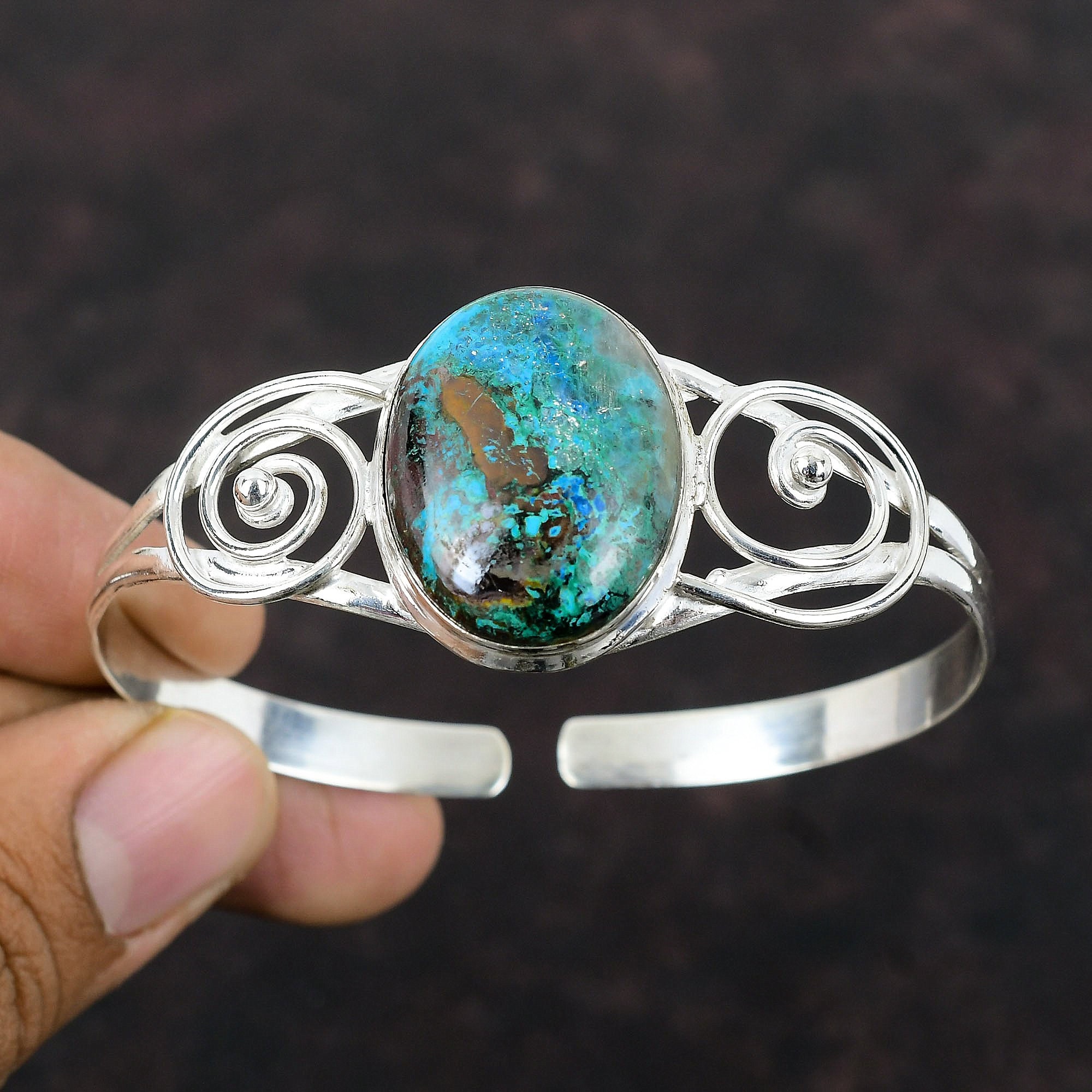 Boulder Shattuckite Cuff Bracelet: Handmade 925 Sterling Silver Adjustable Bangle