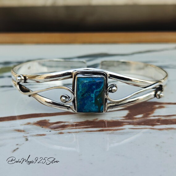 Handmade Shattuckite Gemstone Bangle: 925 Sterling Silver Jewelry
