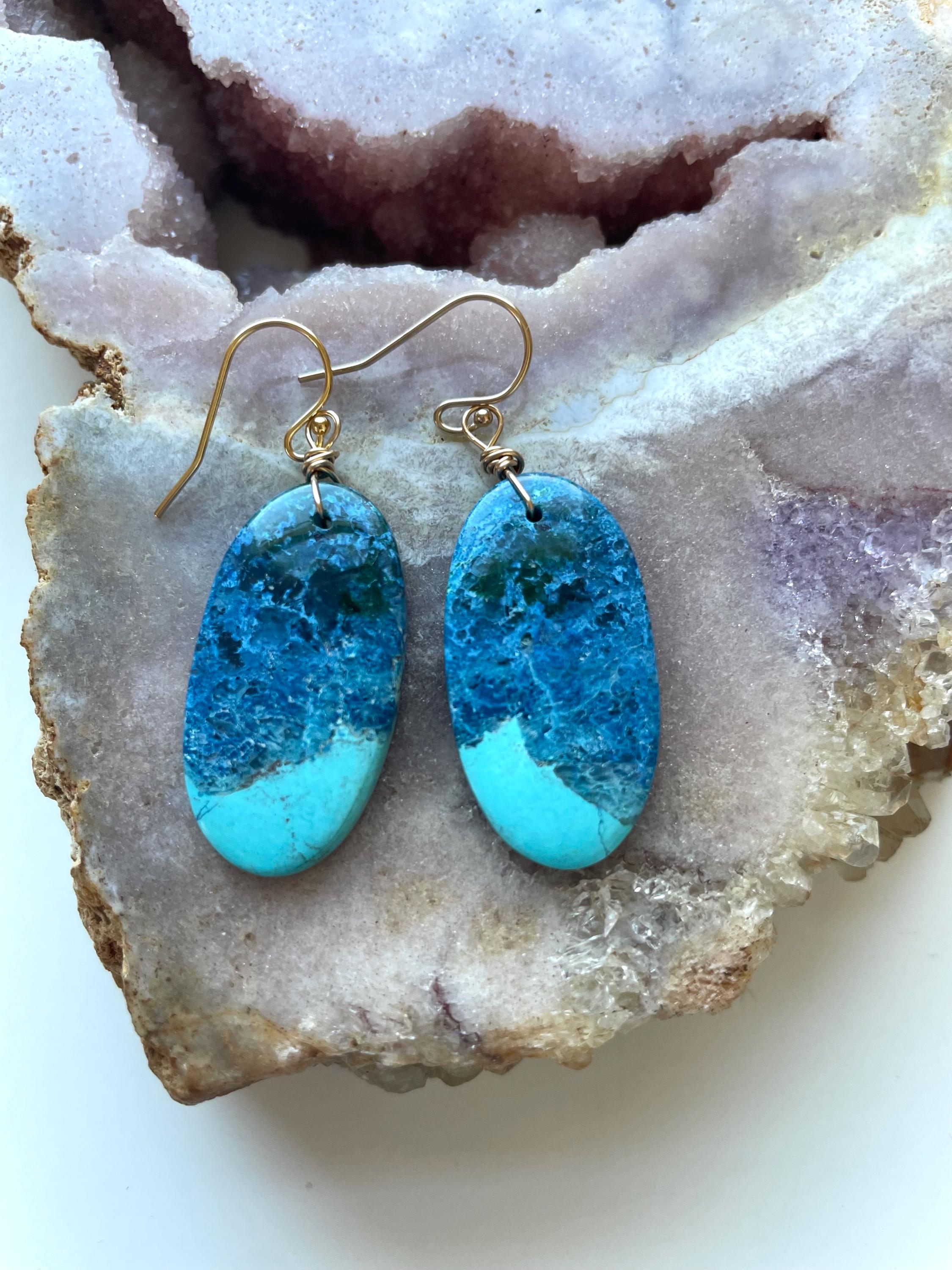 Shattuckite Drop Earrings: One Of A Kind Crystal, 14kt Gold Filled