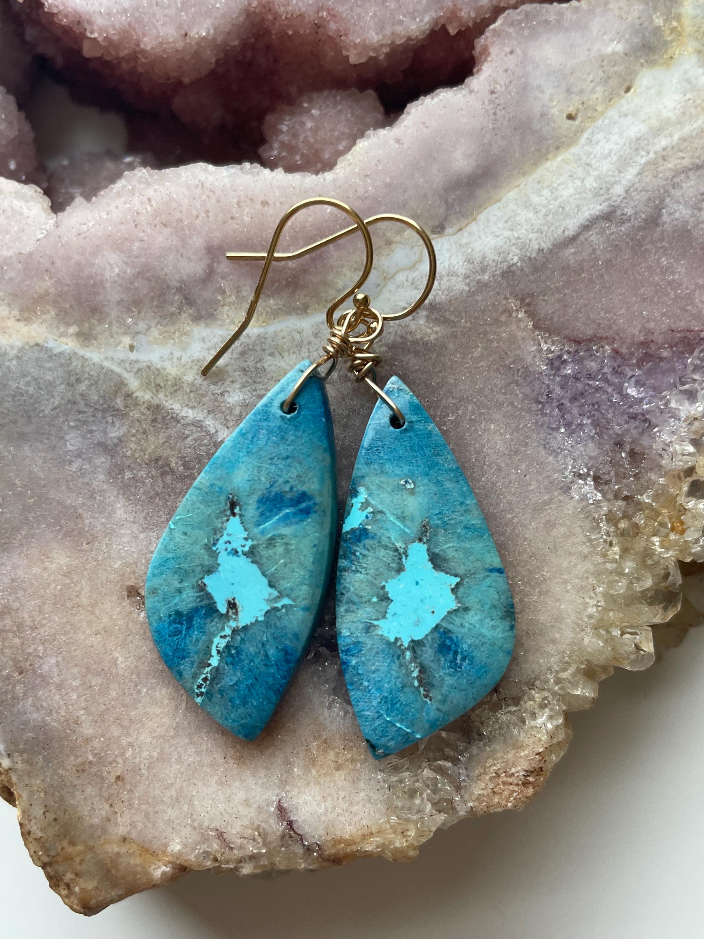 Shattuckite Drop Earrings: One Of A Kind Crystal Dangles, 14kt Gold Filled Shattuckite Drop Earrings: One Of A Kind Crystal Dangles, 14kt Gold Filled