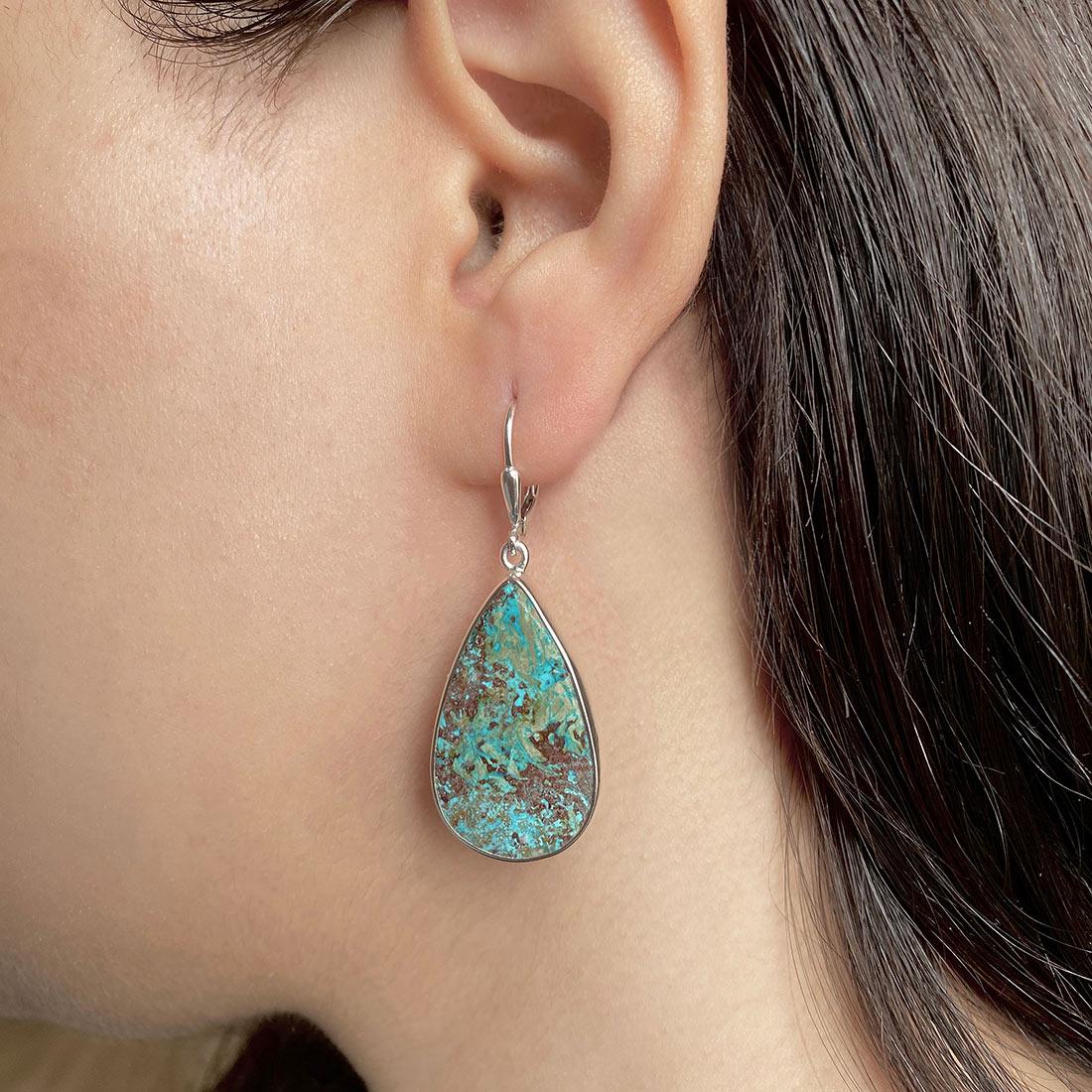 Shattuckite Leverback Earring / 925 Sterling Silver / Healing Gemstone / Gifts For Her / Shattuckite Jewelry / Statement Earring Stk-e-15.