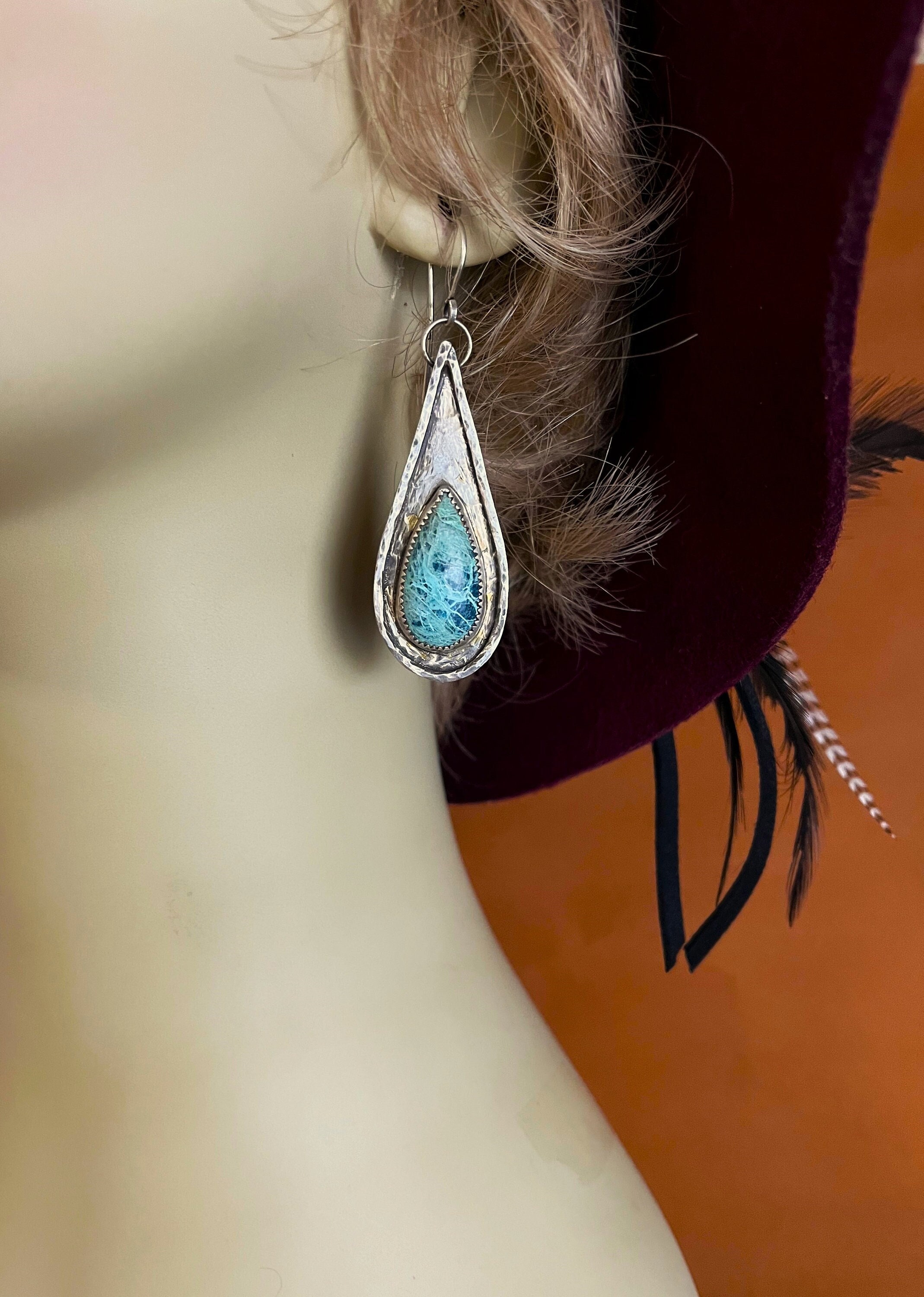 Shattuckite Teardrop Earrings: Textured Sterling Silver Dangles