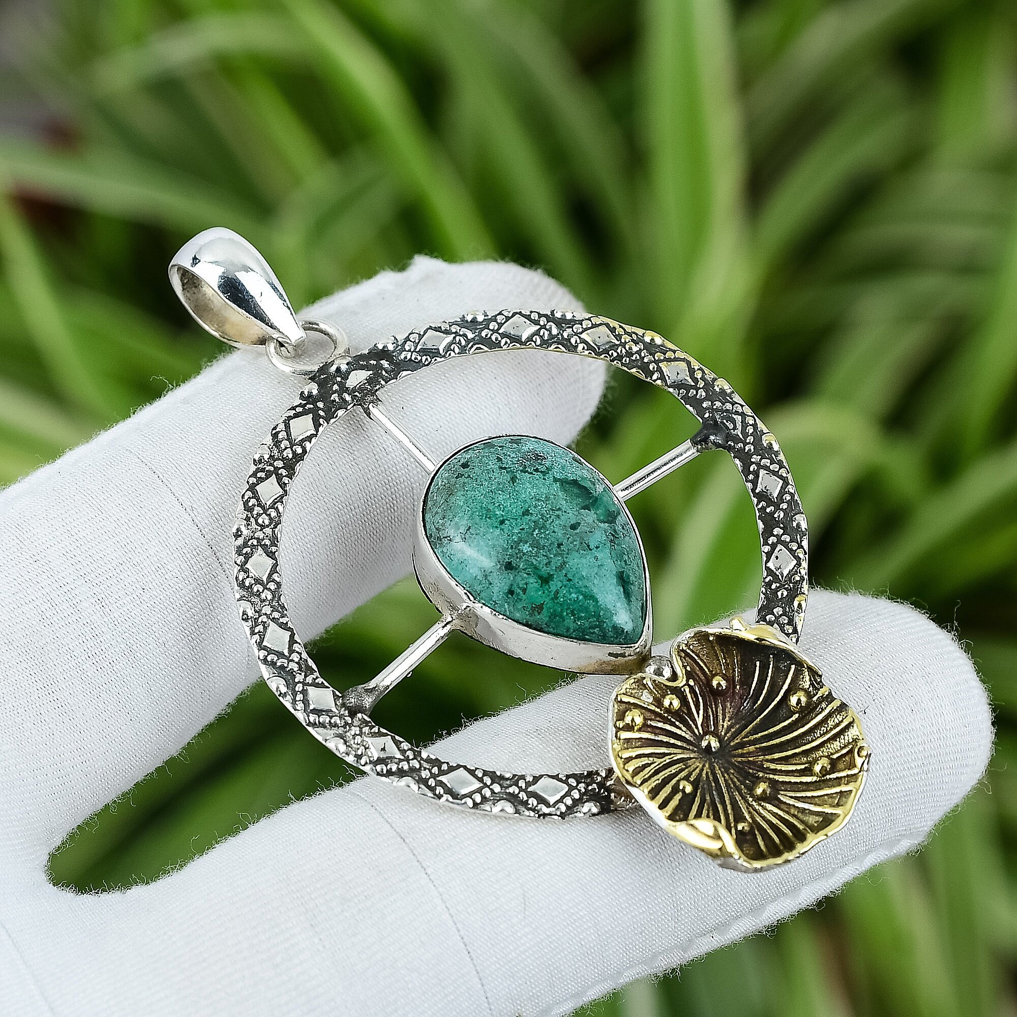 Handmade Shattuckite Pendant: 925 Sterling Silver, 18k Gold Plated