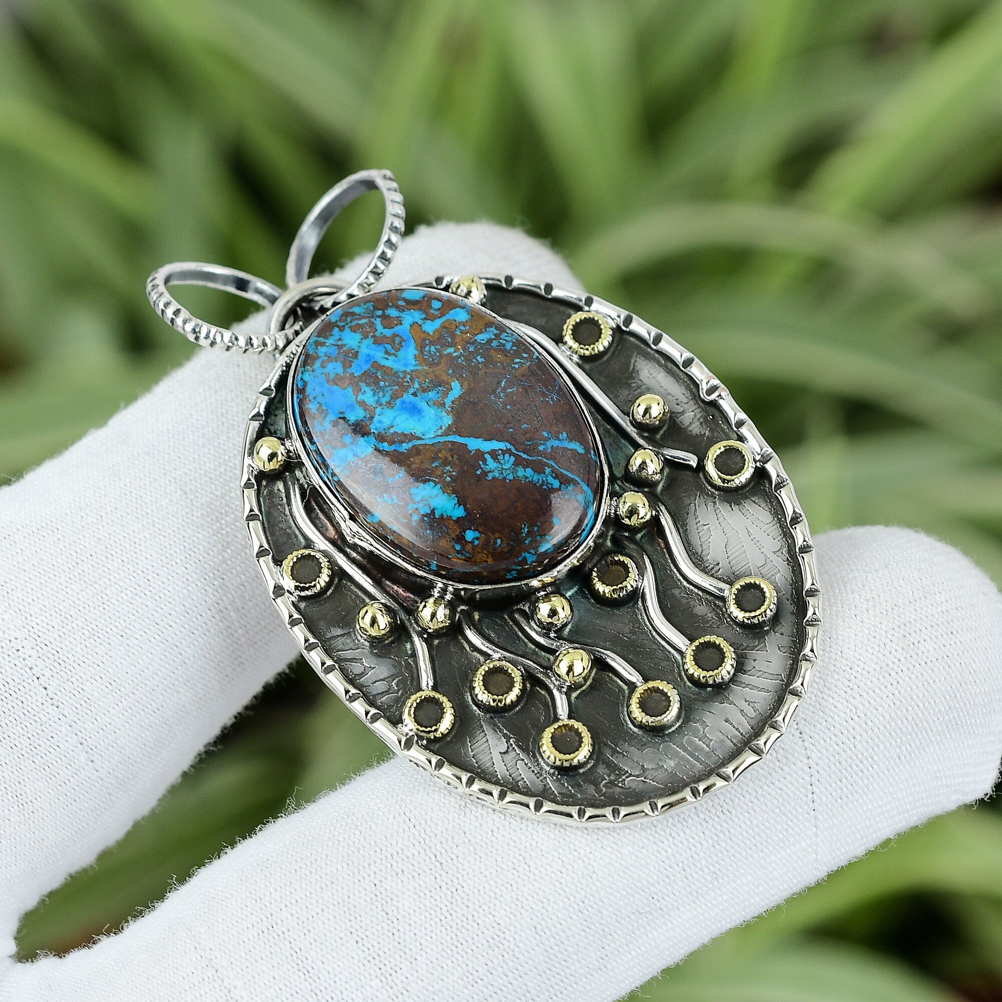 Handmade Shattuckite Pendant: 925 Sterling Silver, 18k Gold Plated