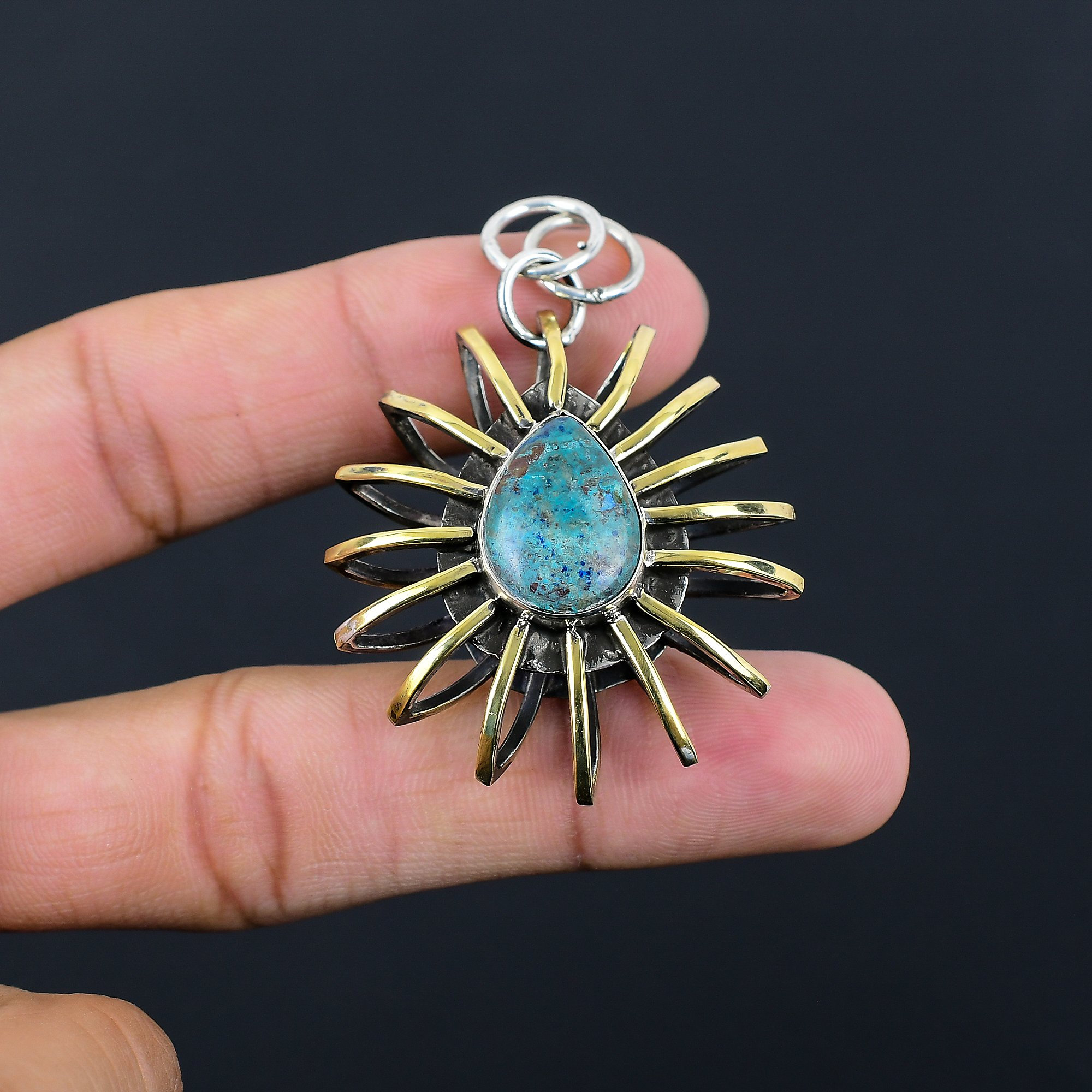 Handmade Shattuckite Pendant, 925 Sterling Silver 18k Gold Plated Cage