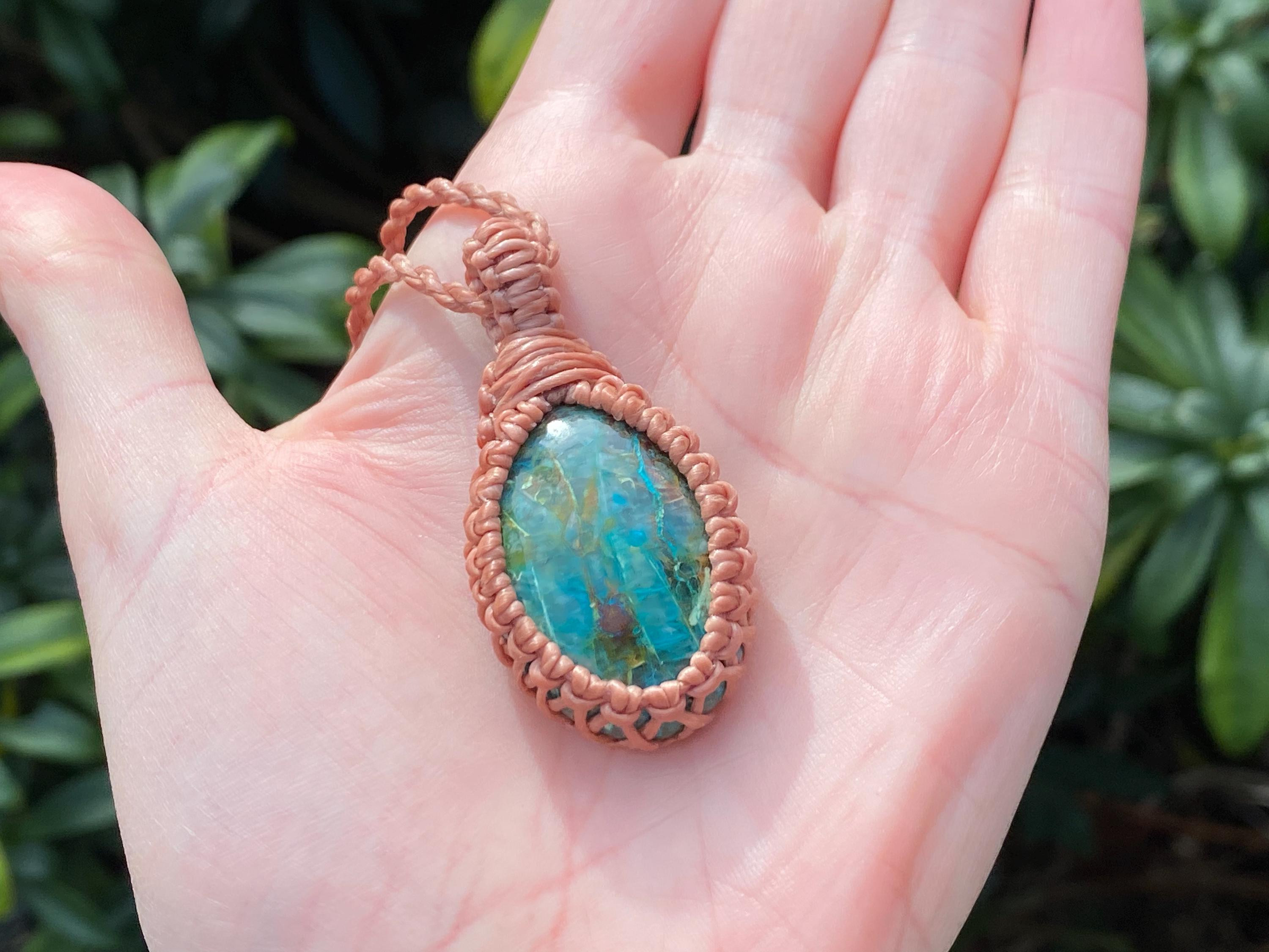 Shattuckite Macrame Pendant Necklace: Handmade Gemstone Jewelry
