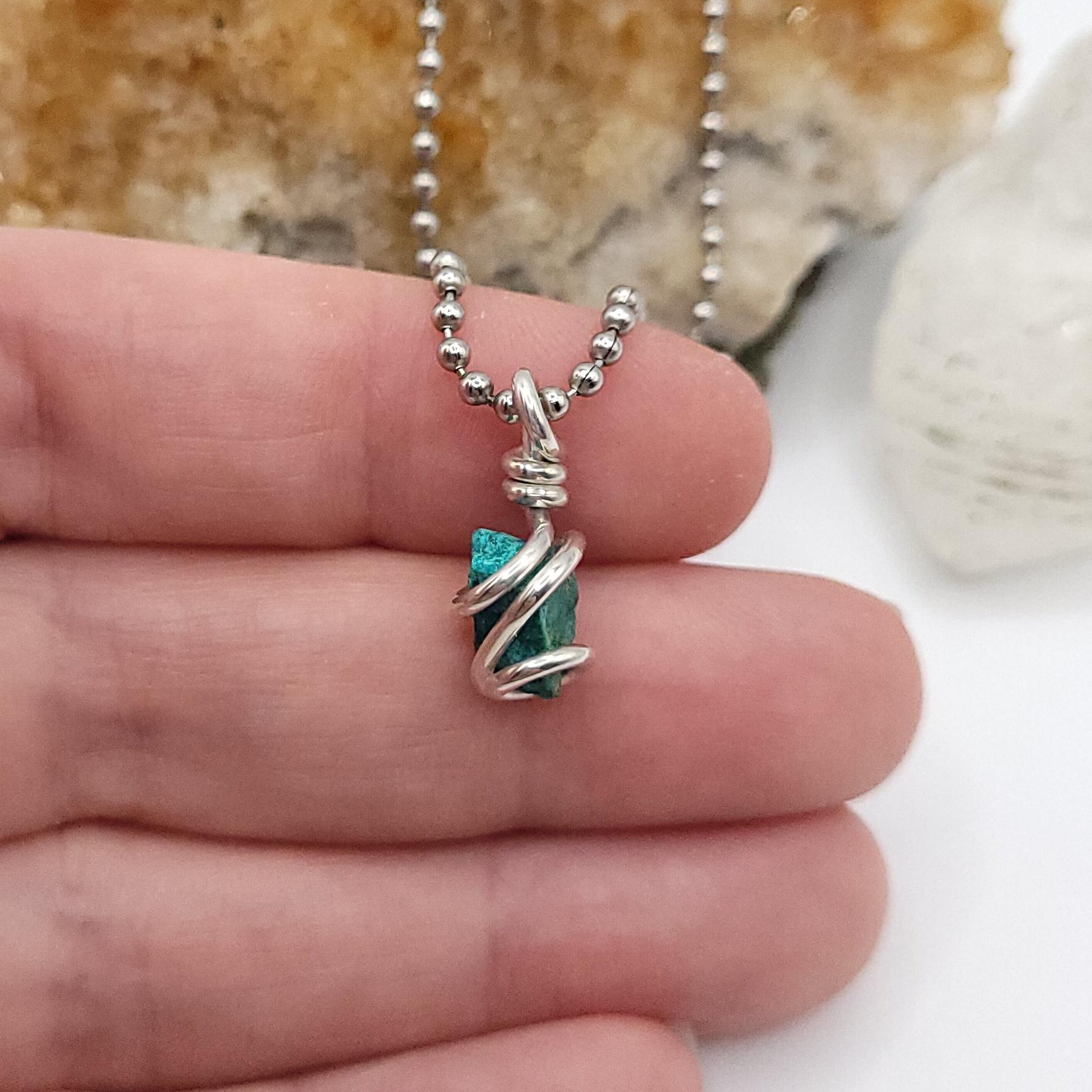Shattuckite Necklace, Silver Wire Wrapped Shattuckite Pendant