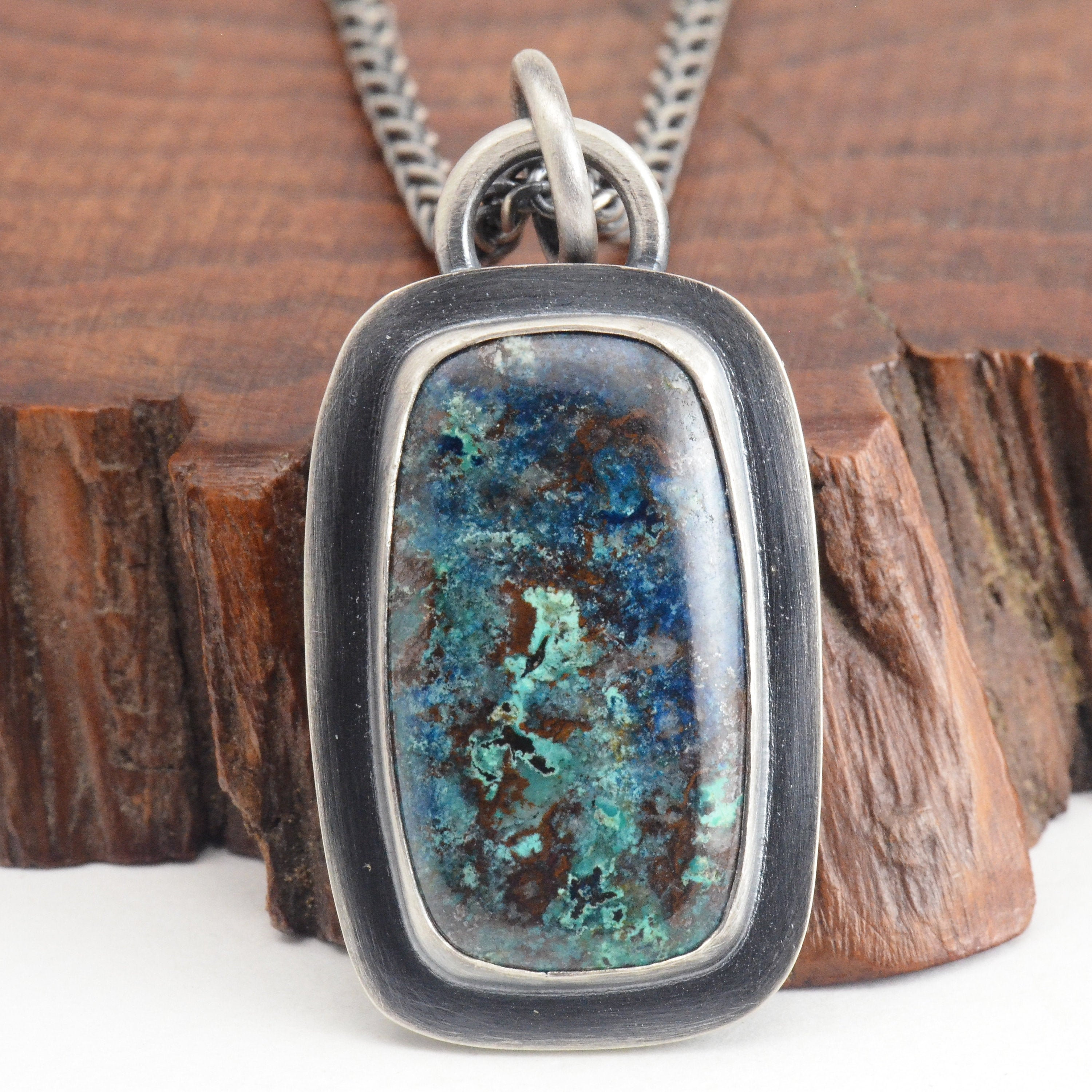 Shattuckite Rectangle Sterling Silver Pendant Necklace