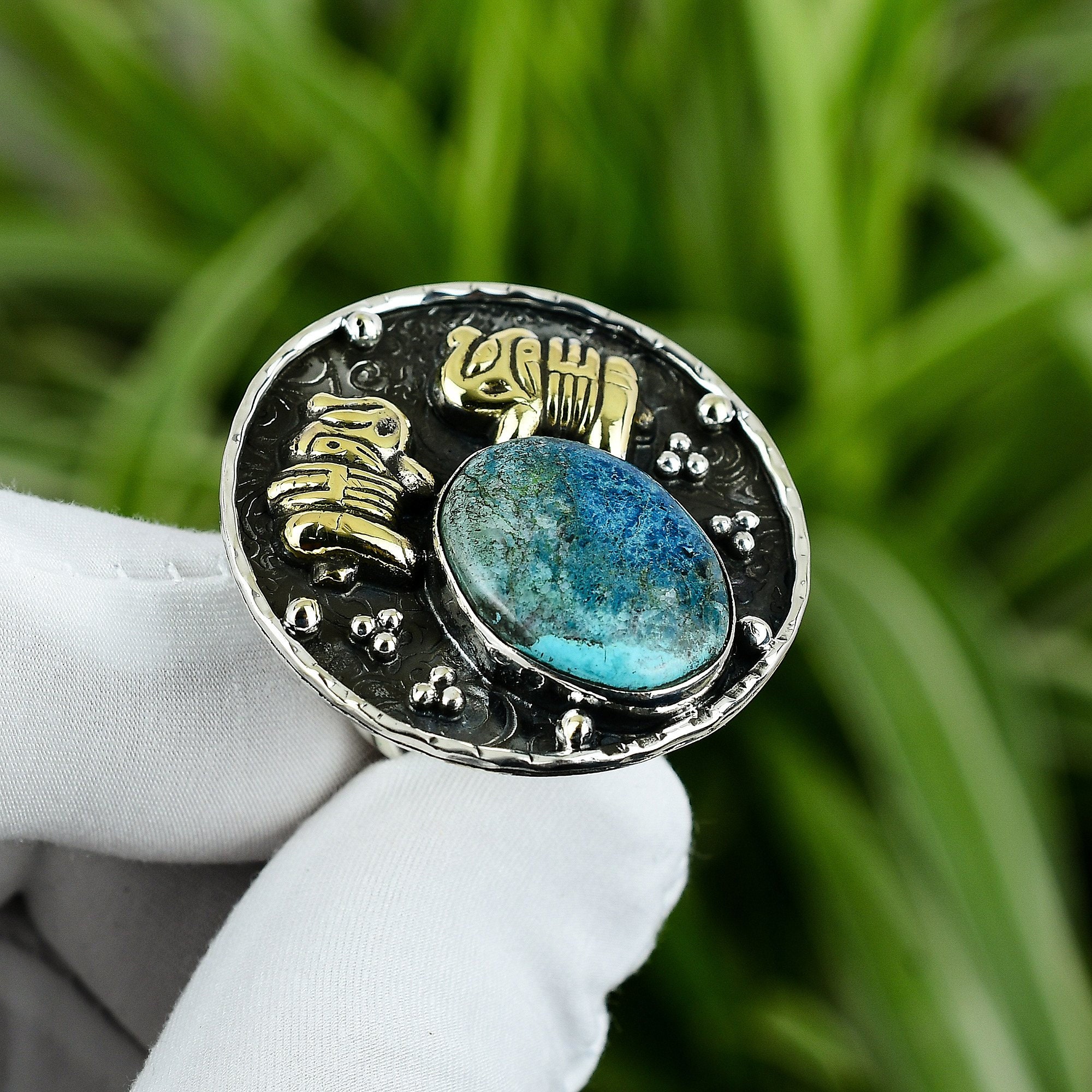 Shattuckite Ring: Handmade 925 Sterling Silver, 18k Gold Plated, Adjustable