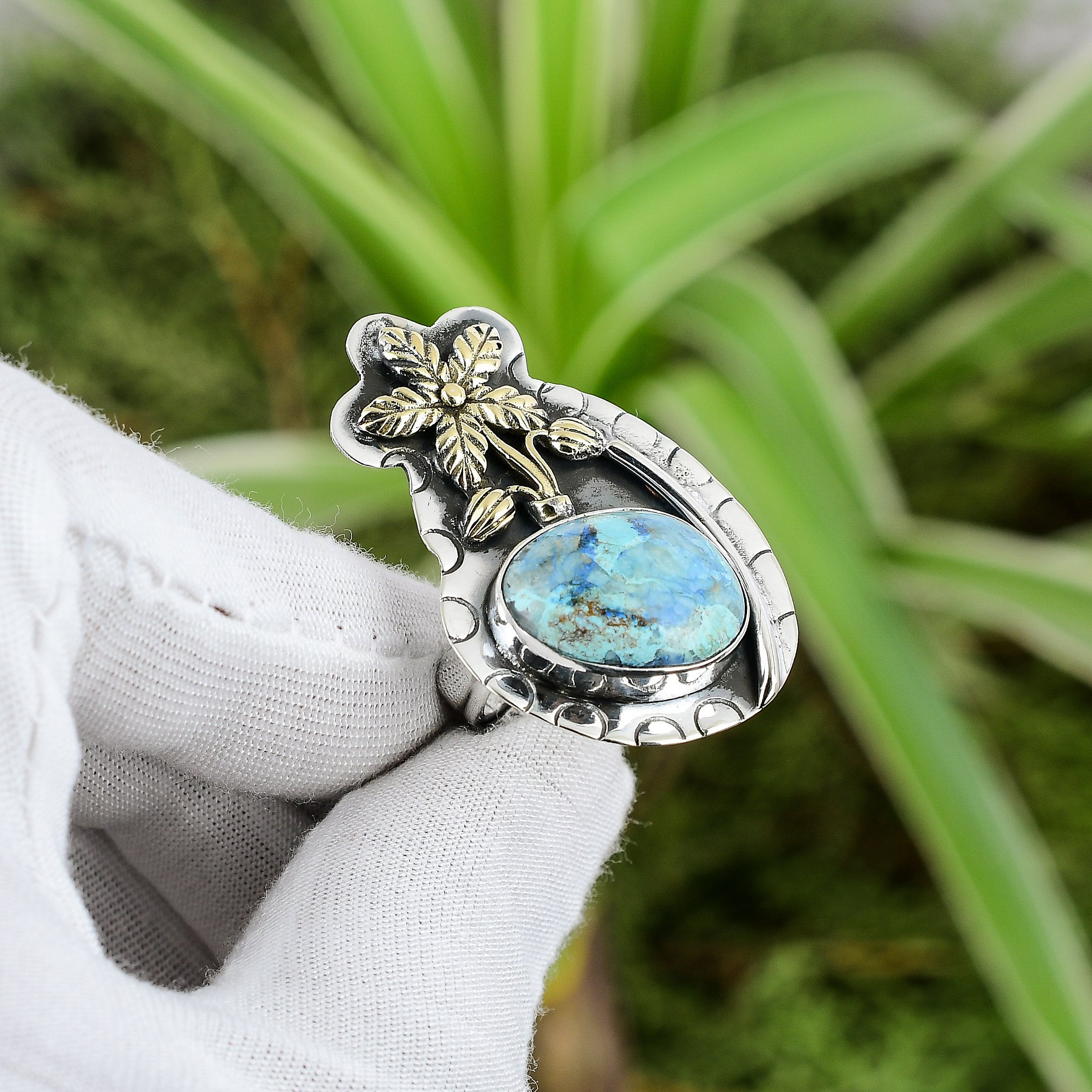 Shattuckite Ring: Handmade 925 Sterling Silver, 18k Gold Flower, Adjustable