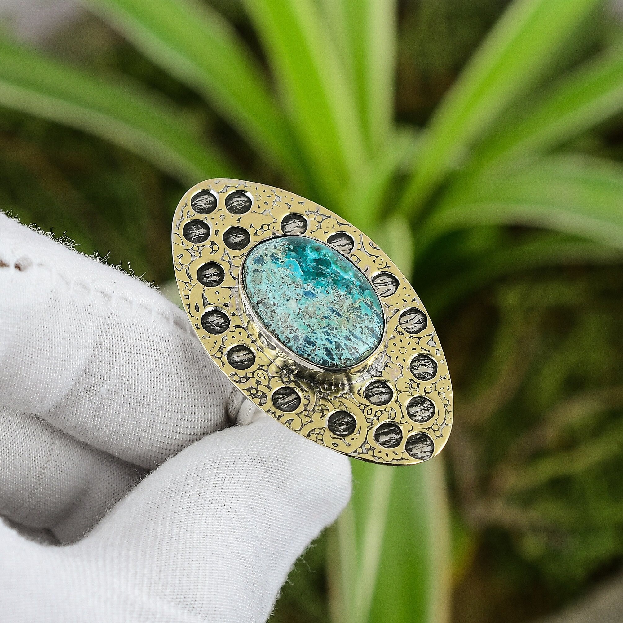 Handmade Shattuckite Ring: 925 Sterling Silver, 18k Gold Plated, Adjustable