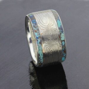 Mokume Gane Ring, Blue Green Shattuckite Inlay in Sterling Silver, Thick Band, Size 6 1/2