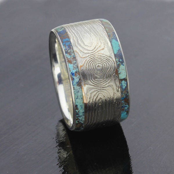 Mokume Gane Ring, Blue Green Shattuckite Inlay In Sterling Silver, Thick Band, Size 6 1/2