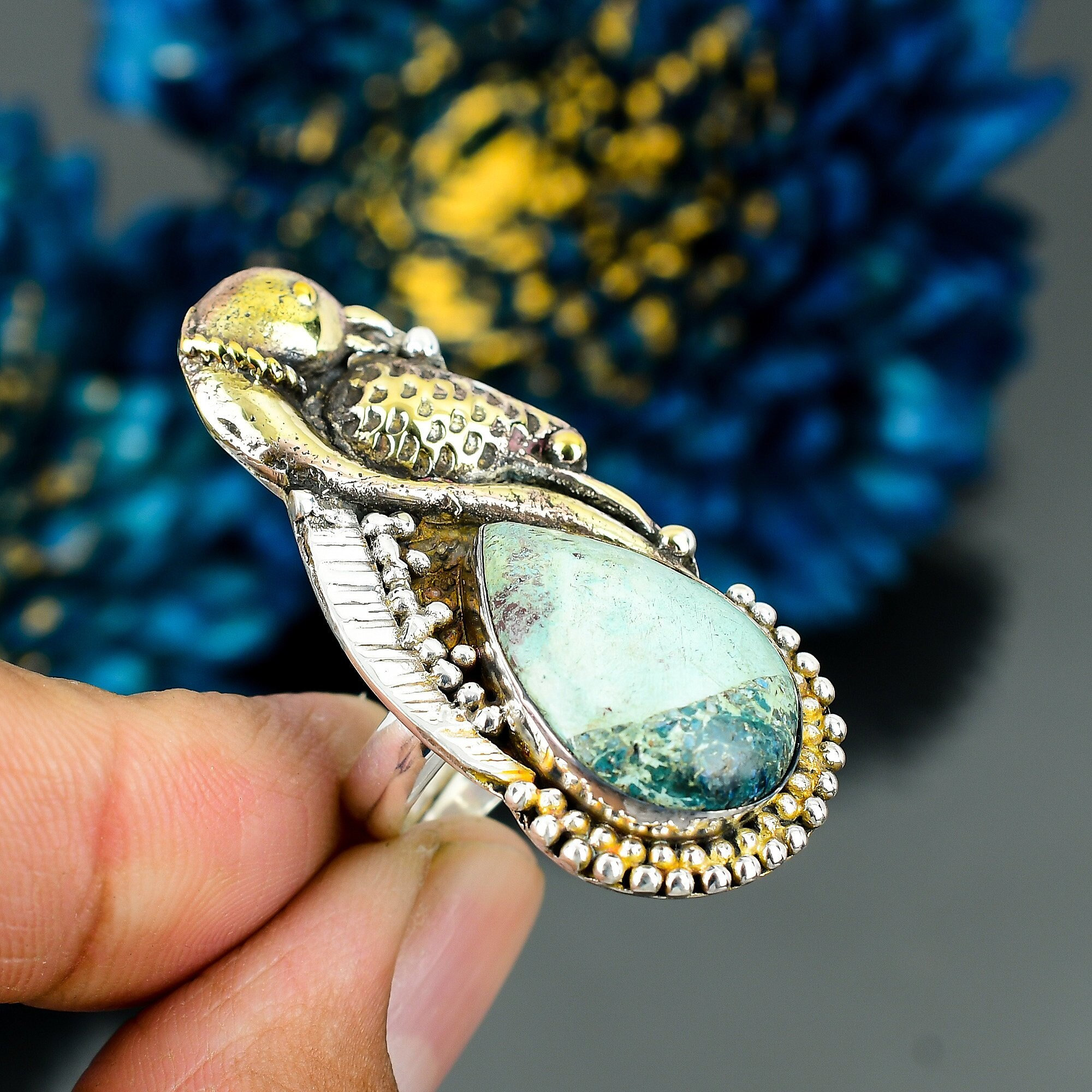Shattuckite Parrot Ring: Adjustable Sterling Silver Gemstone Jewelry